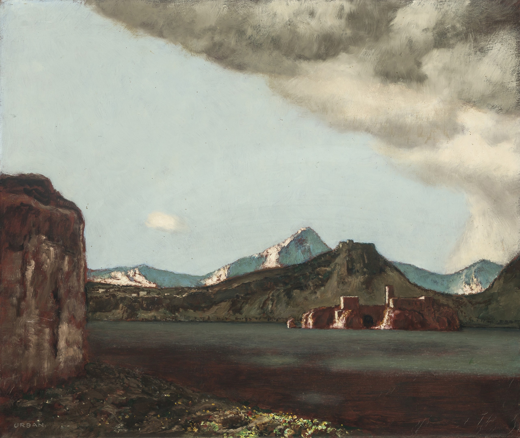 Serene landscape of a lake and hills, oil painting by Hermann Urban