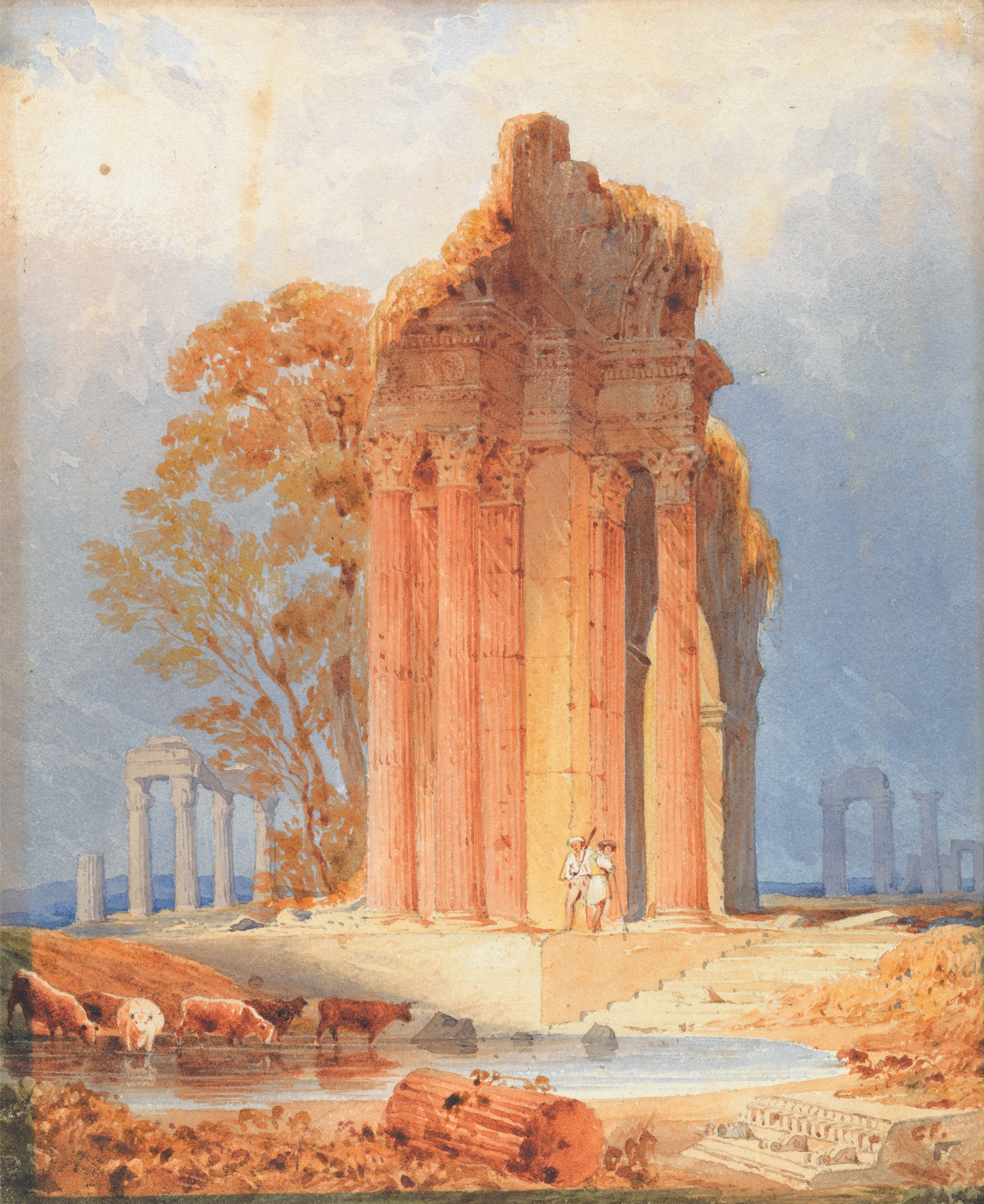 Cattle watering near Corinthian columns, oil on canvas by Copley Fielding