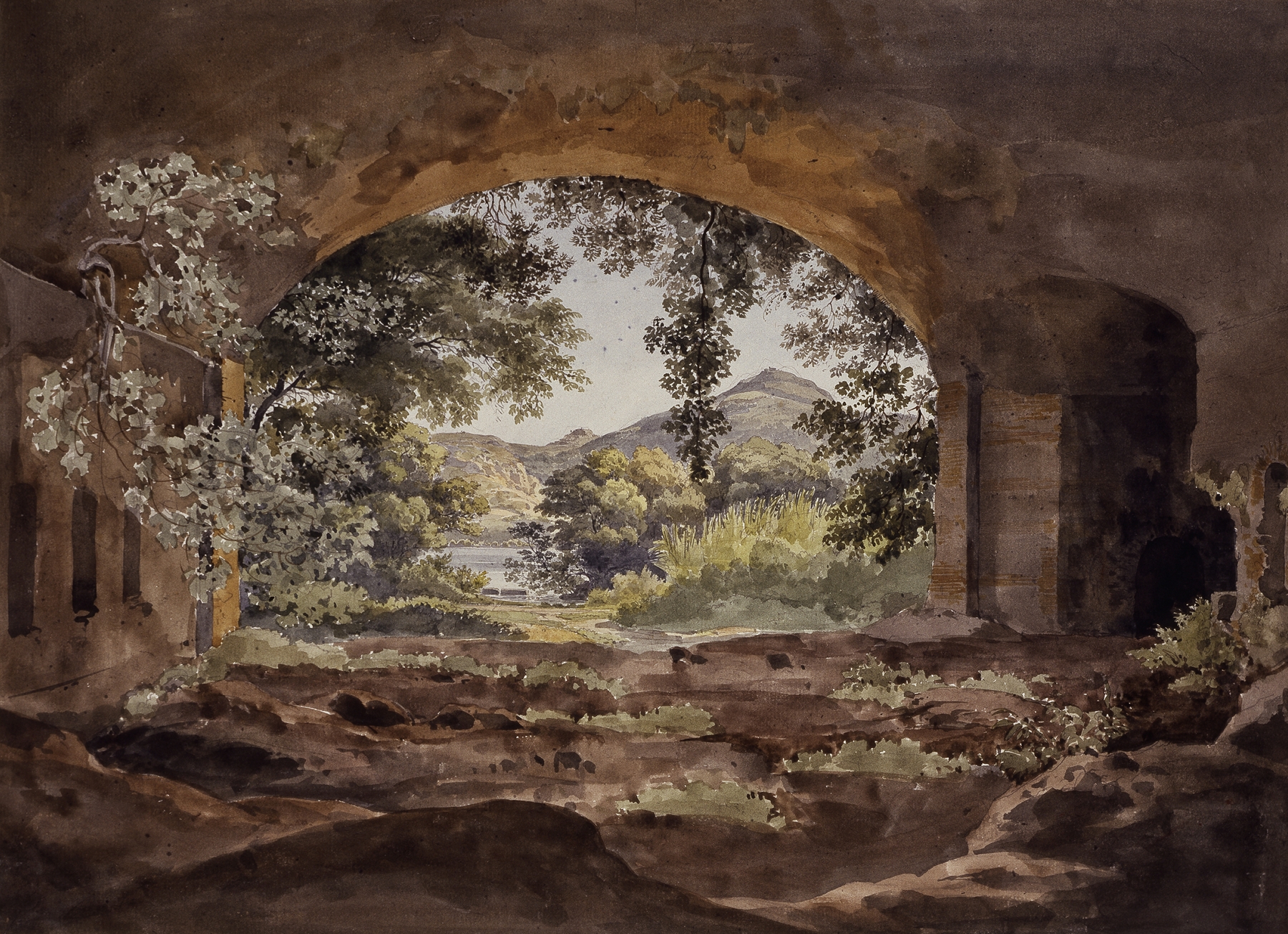 Channel of Lake Albano by Ernst Fries, oil on canvas depicting a serene lake landscape.