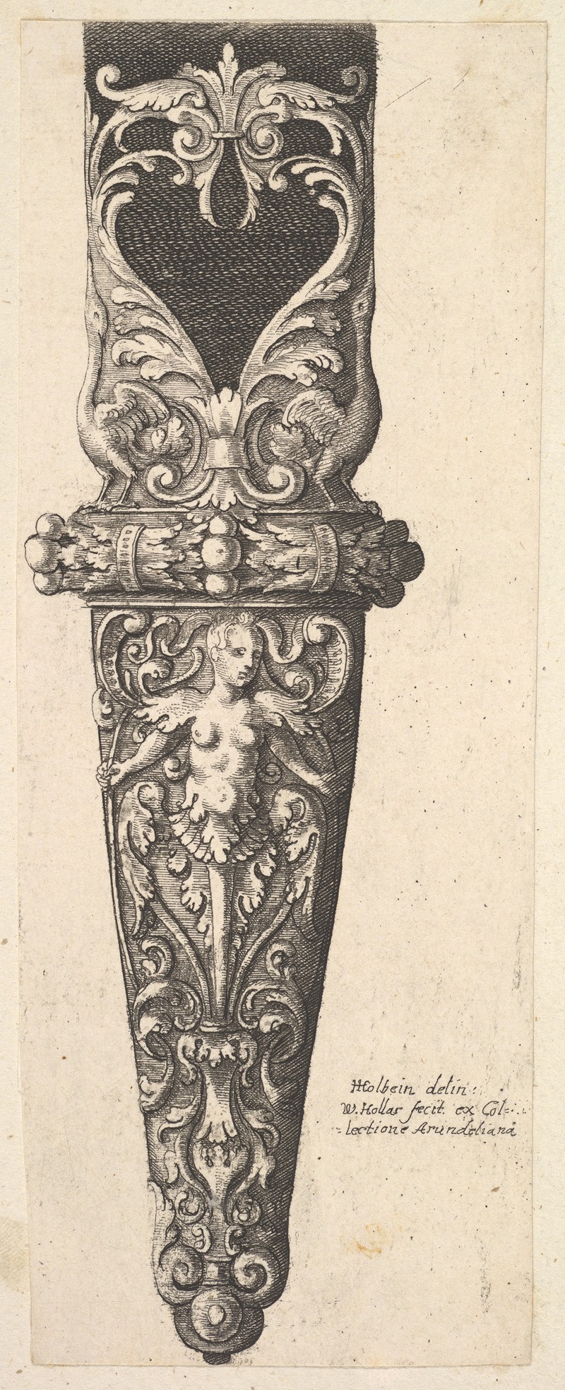 This artwork is a detailed etching of the lower portion of a scabbard by Wenceslaus Hollar.
