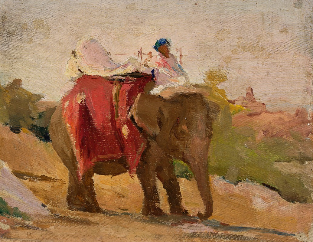 A painting of an elephant in a lush landscape, showcasing vibrant colors and intricate details.