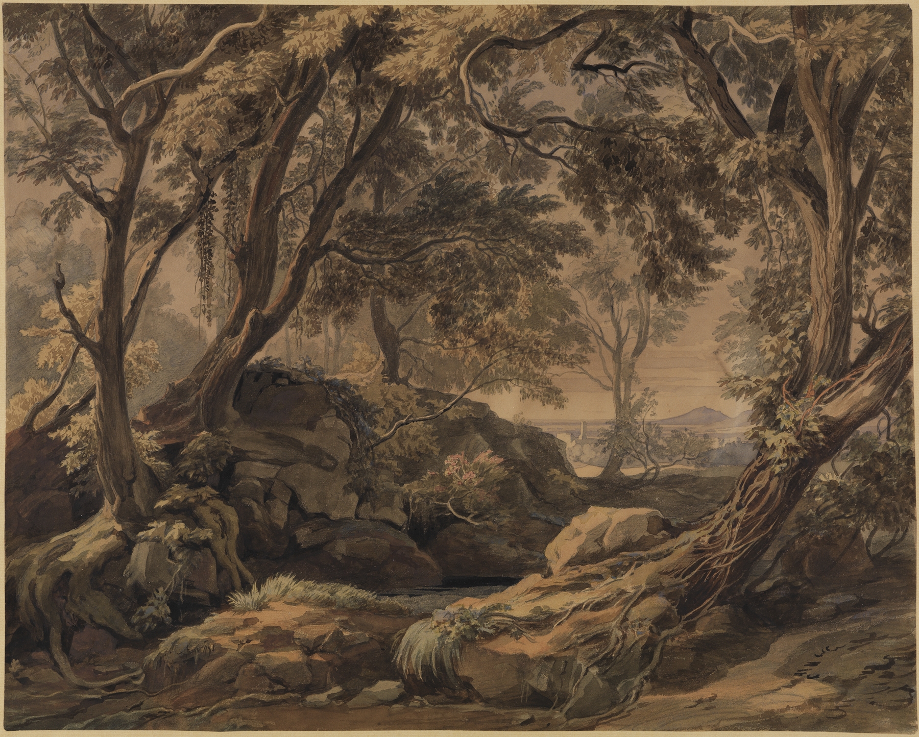 Waldlandschaft mit Blick auf Olevano und den Monte Cavo, by Johann Wilhelm Schirmer, public domain