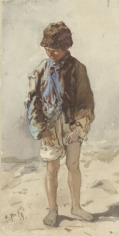 A standing Hungarian boy wearing a fur hat, depicted in a realistic style.