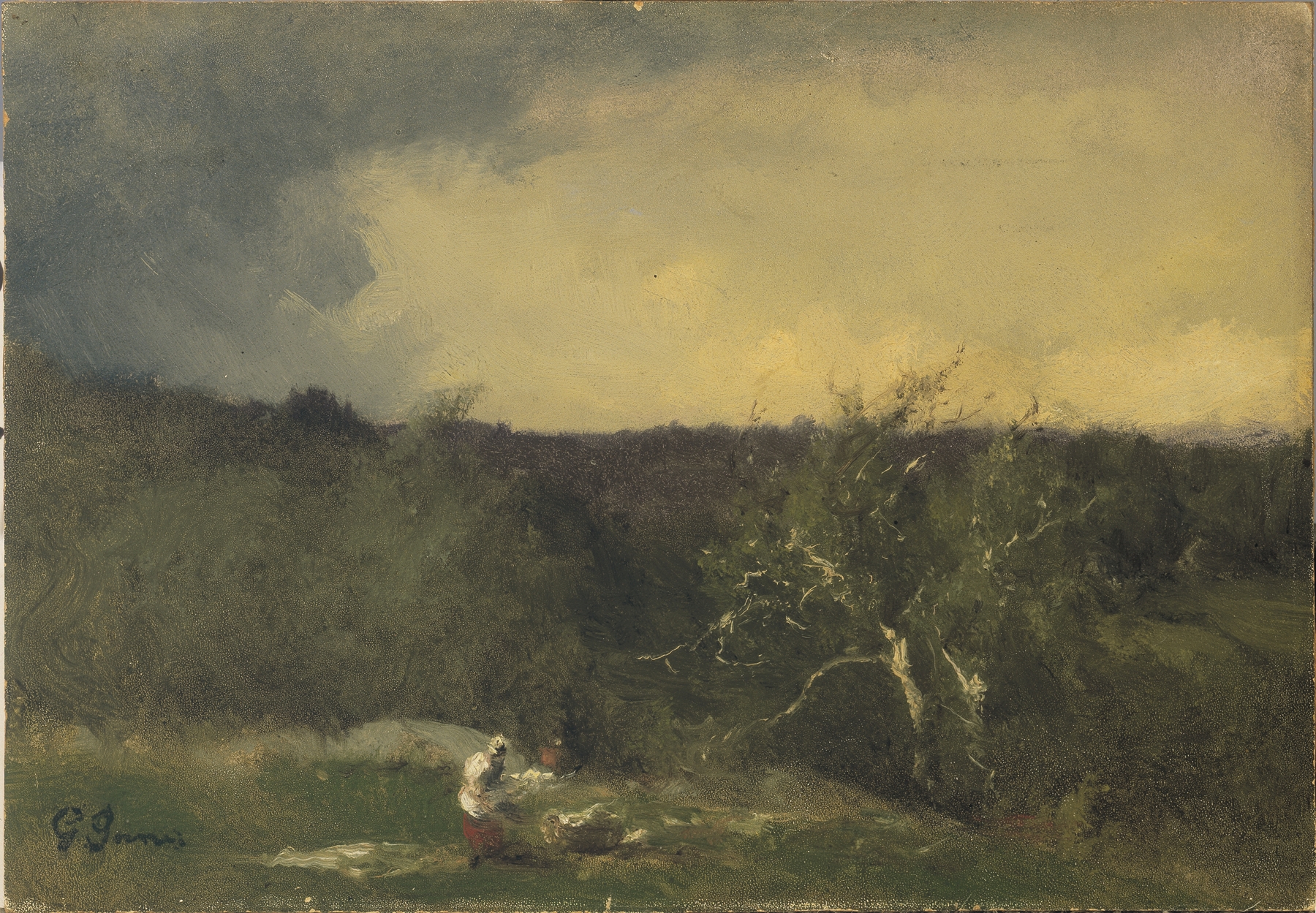 Landscape by George Inness, oil on canvas depicting a serene horizon with clouds and soft pastels.