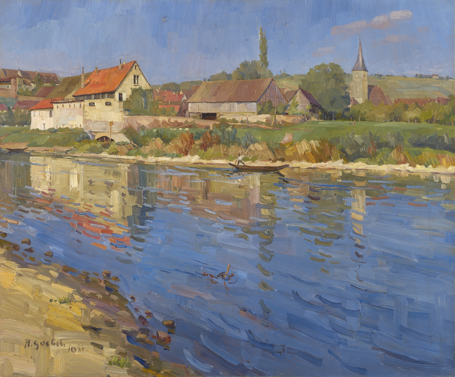 Neckar Landscape at Gundelsheim, oil on canvas by Hermann Goebel