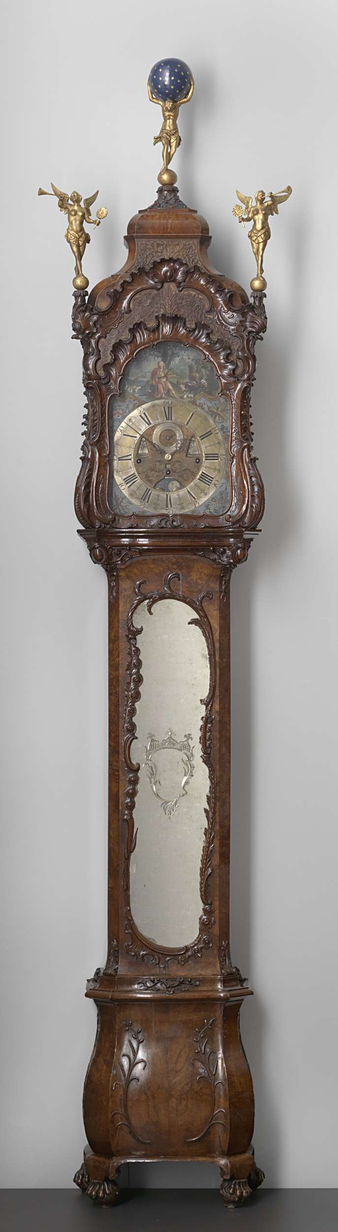 Rococo longcase clock with asymmetrical mirror, unknown artist, paint