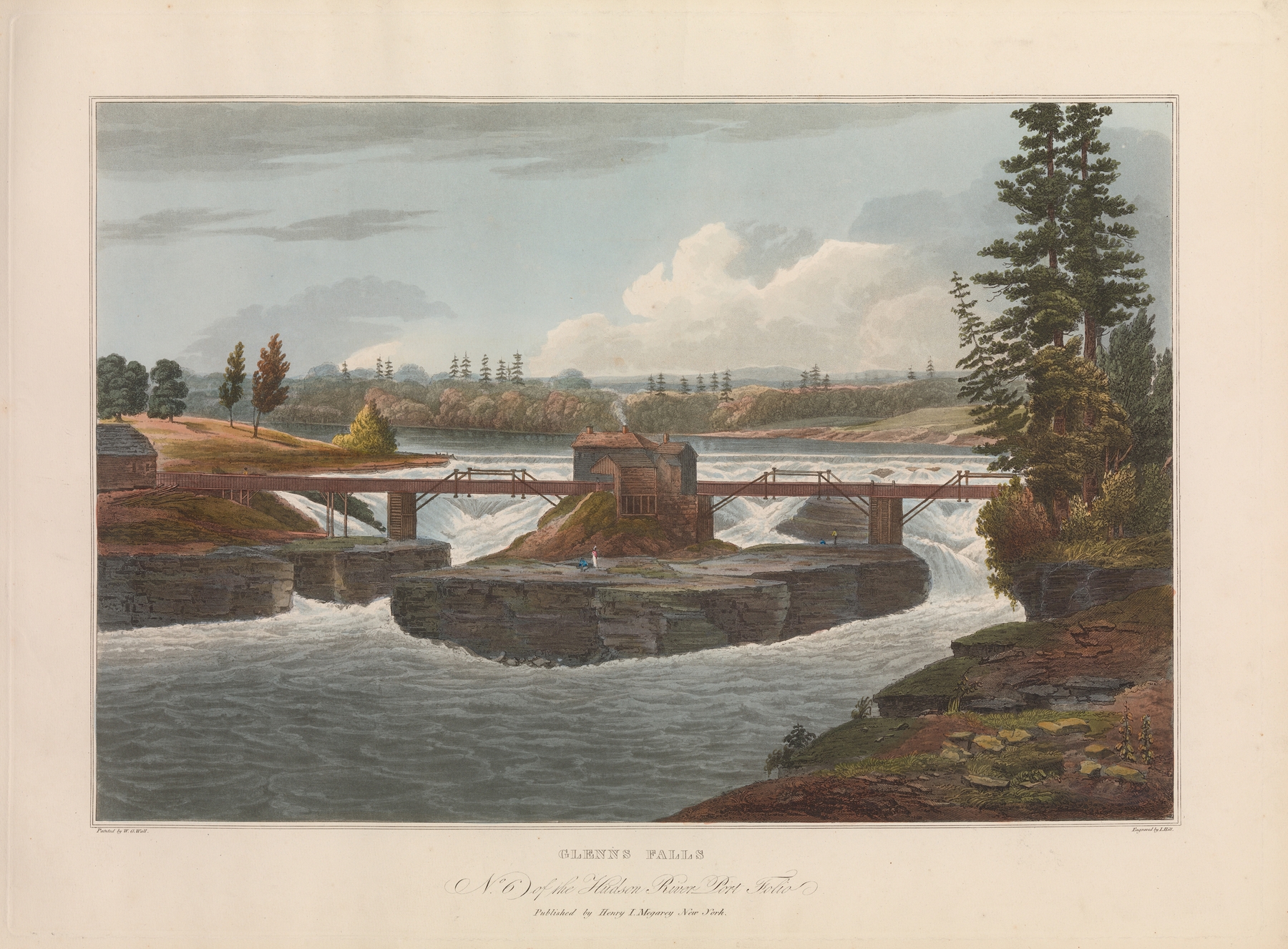 Glenns Falls by John Hill, oil on canvas depicting a waterfall, river, and forest