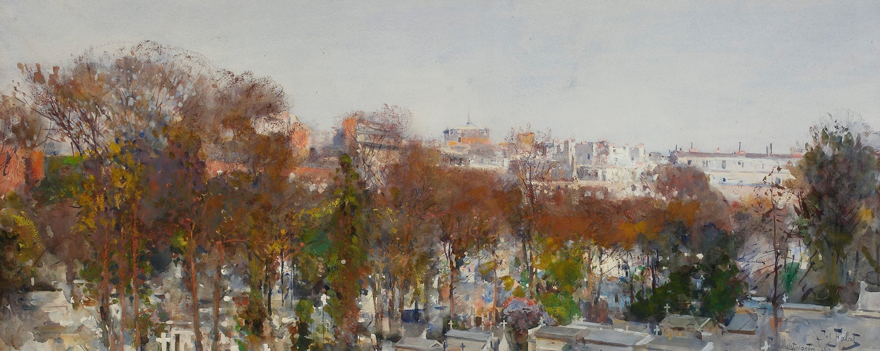 Montmartre Cemetery in Paris, oil on canvas by Julian Falat, featuring trees and gravestones.