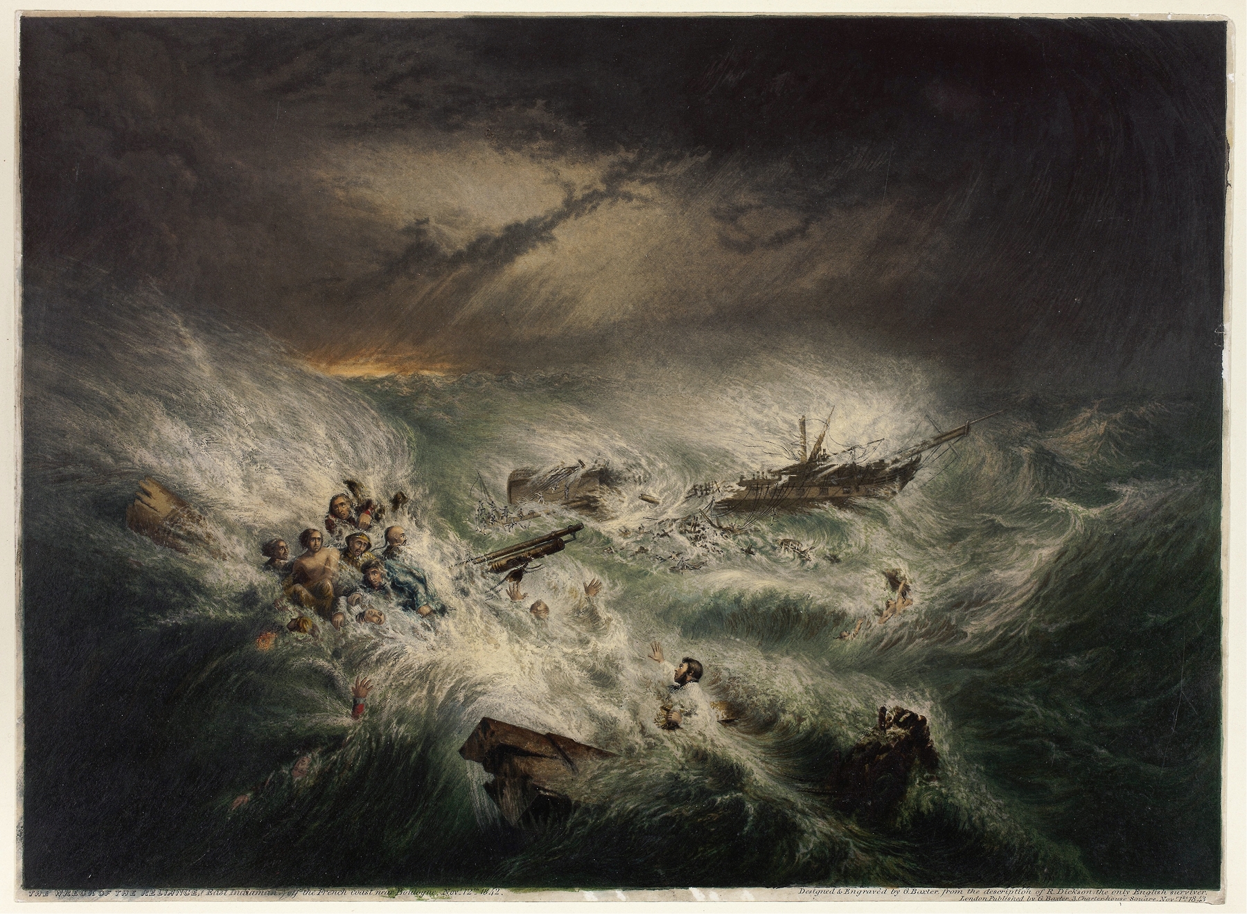 The Wreck of the Reliance by George Baxter, oil on canvas depicting a ship amidst stormy waves.