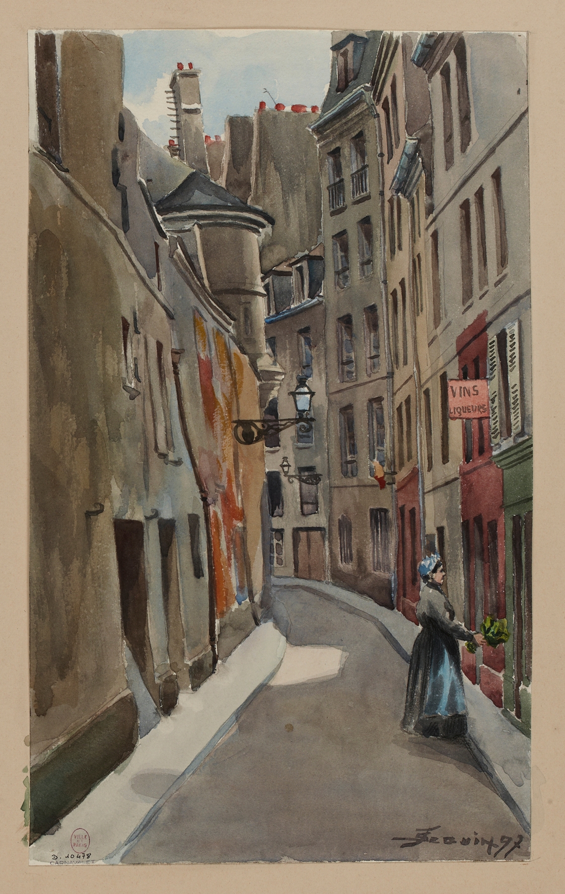 Landscape oil painting by F. Séguin featuring a cobblestone street and architecture.
