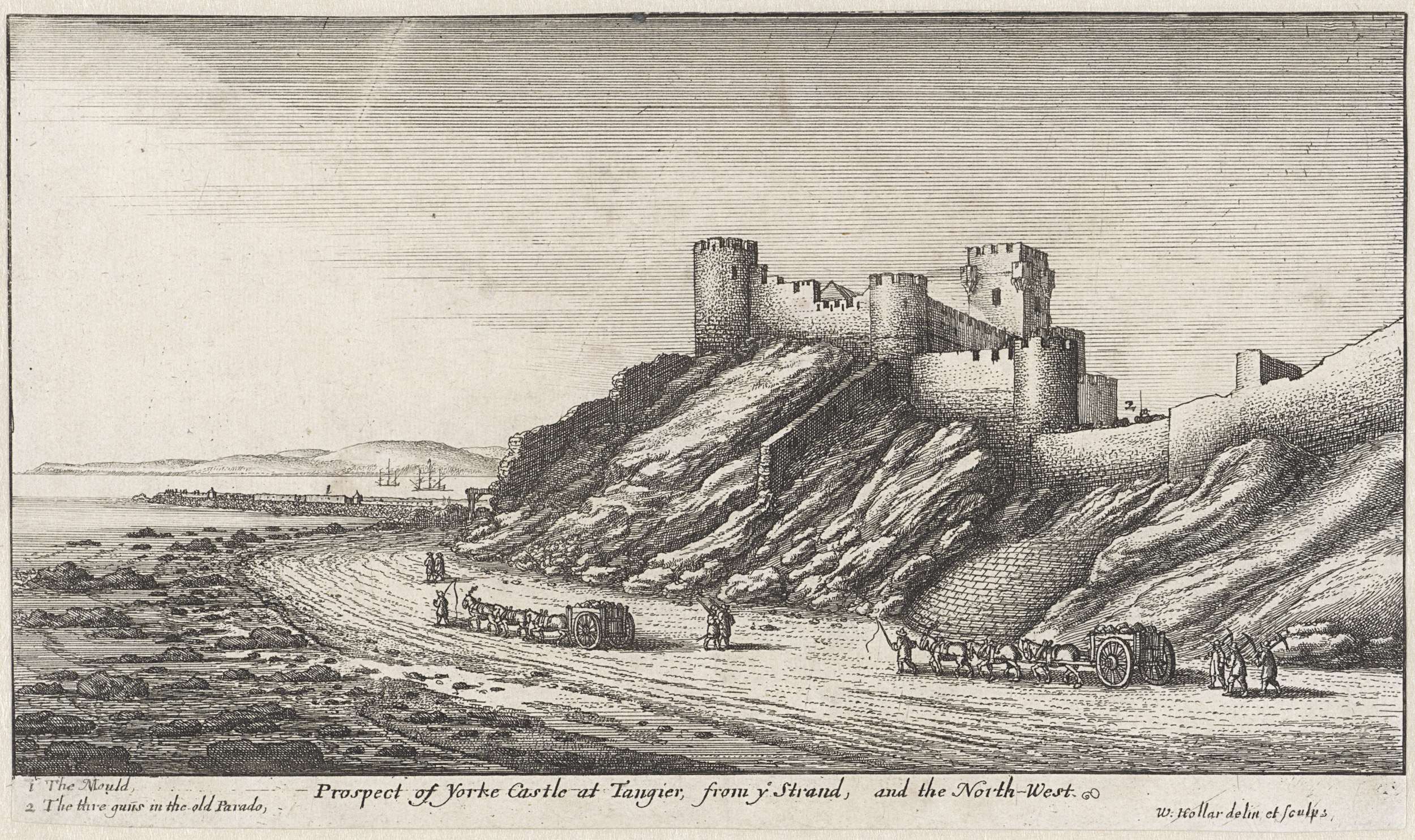 Gezicht op York Castle te Tanger, etching by Wenceslaus Hollar, depicting a castle amidst nature.