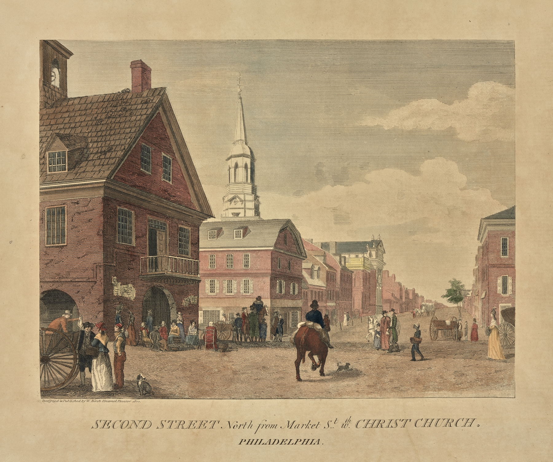 Second Street north from Market St. w[i]th Christ Church. Philadelphia., by William Russell Birch, public domain