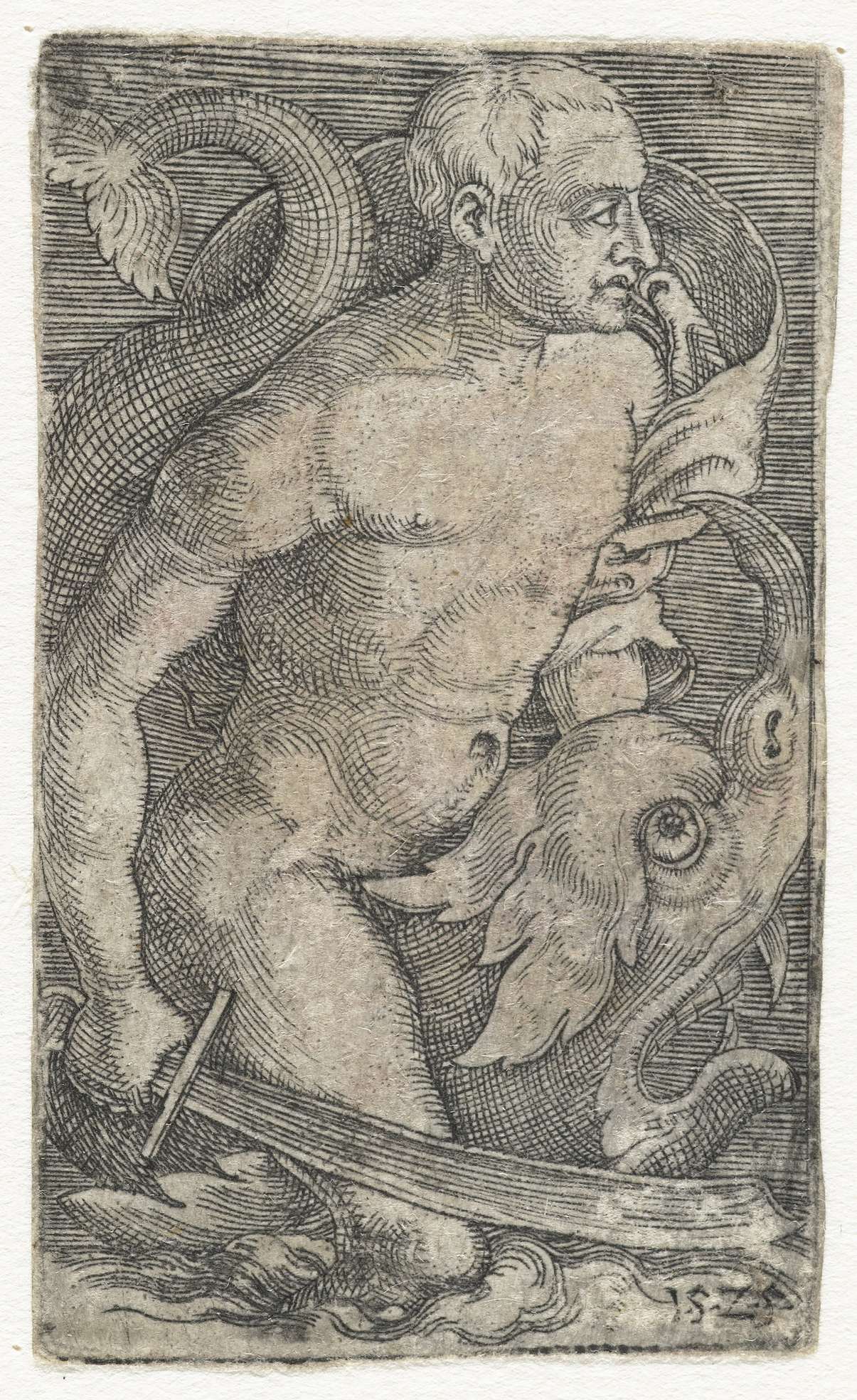 Zeegod op dolfijn, by Barthel Beham, public domain