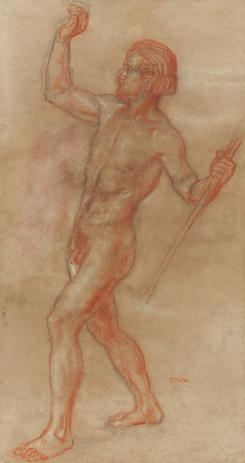 Franz von Stuck's 'Actaeon' depicts a male nude figure with a spear in a dramatic pose.