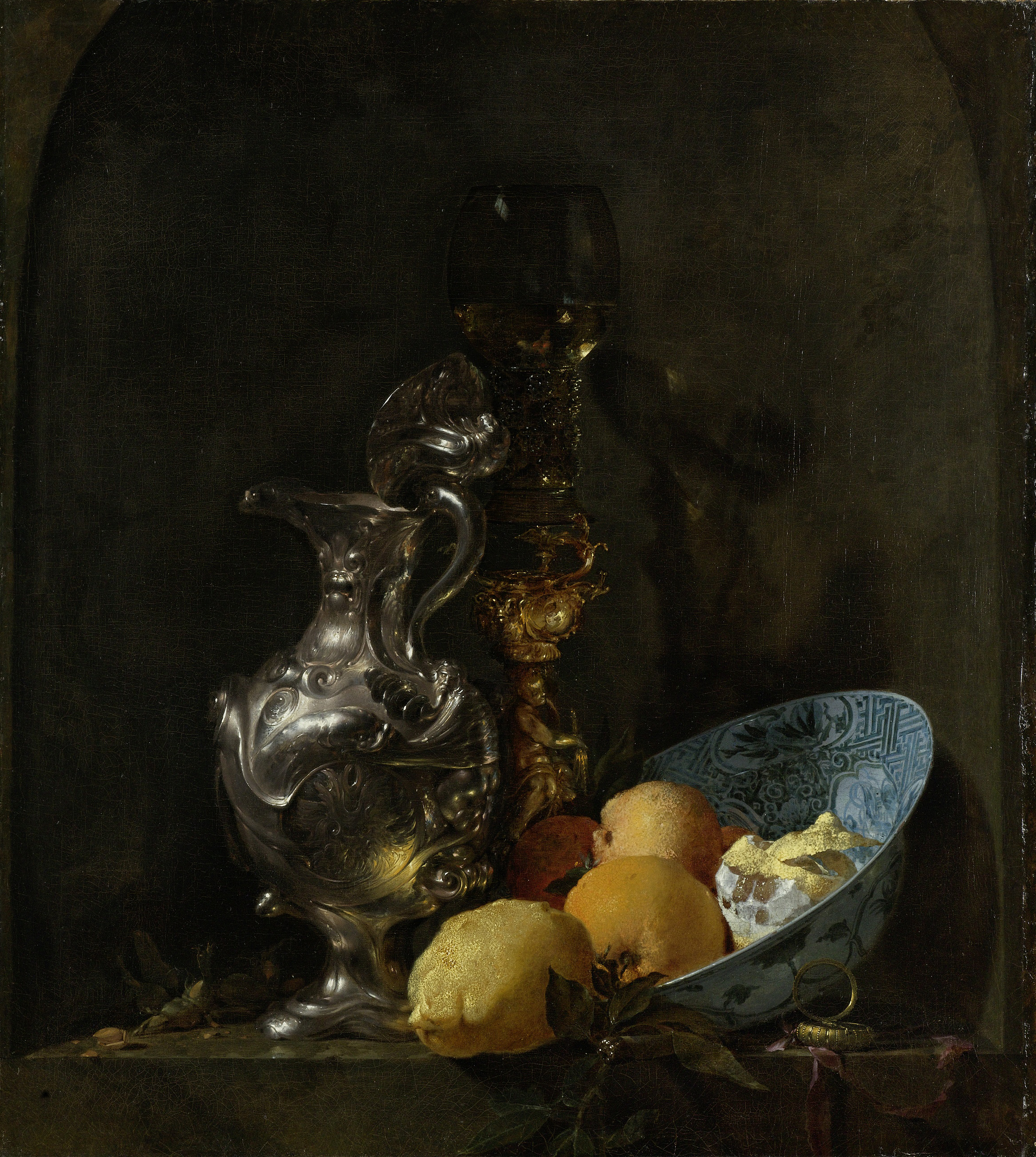 Still Life with a Silver Jug and a Porcelain Bowl, by Willem Kalf, public domain