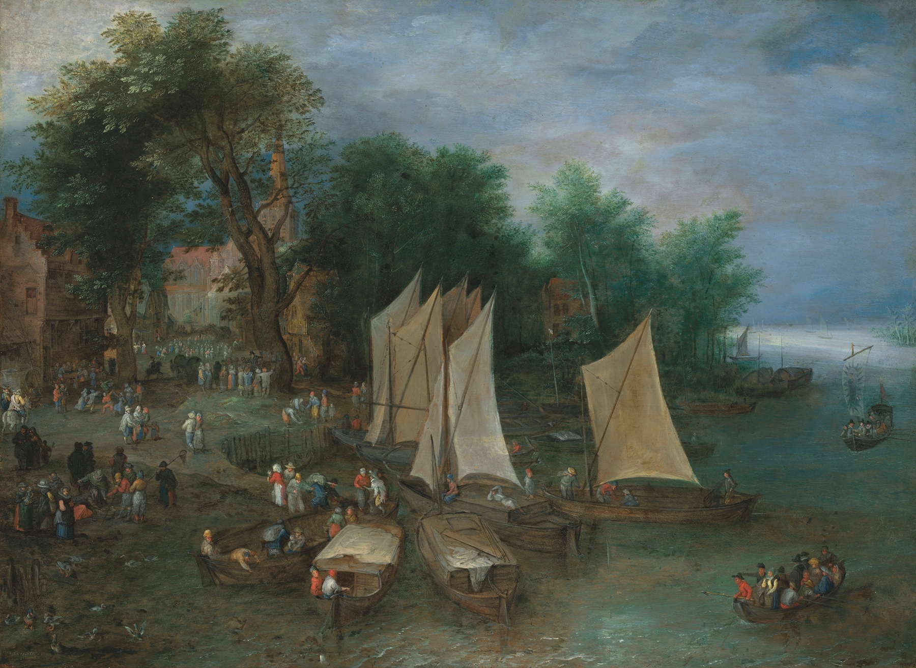 A landing stage near a village with shipping and figures, by Jan Brueghel the Elder, public domain