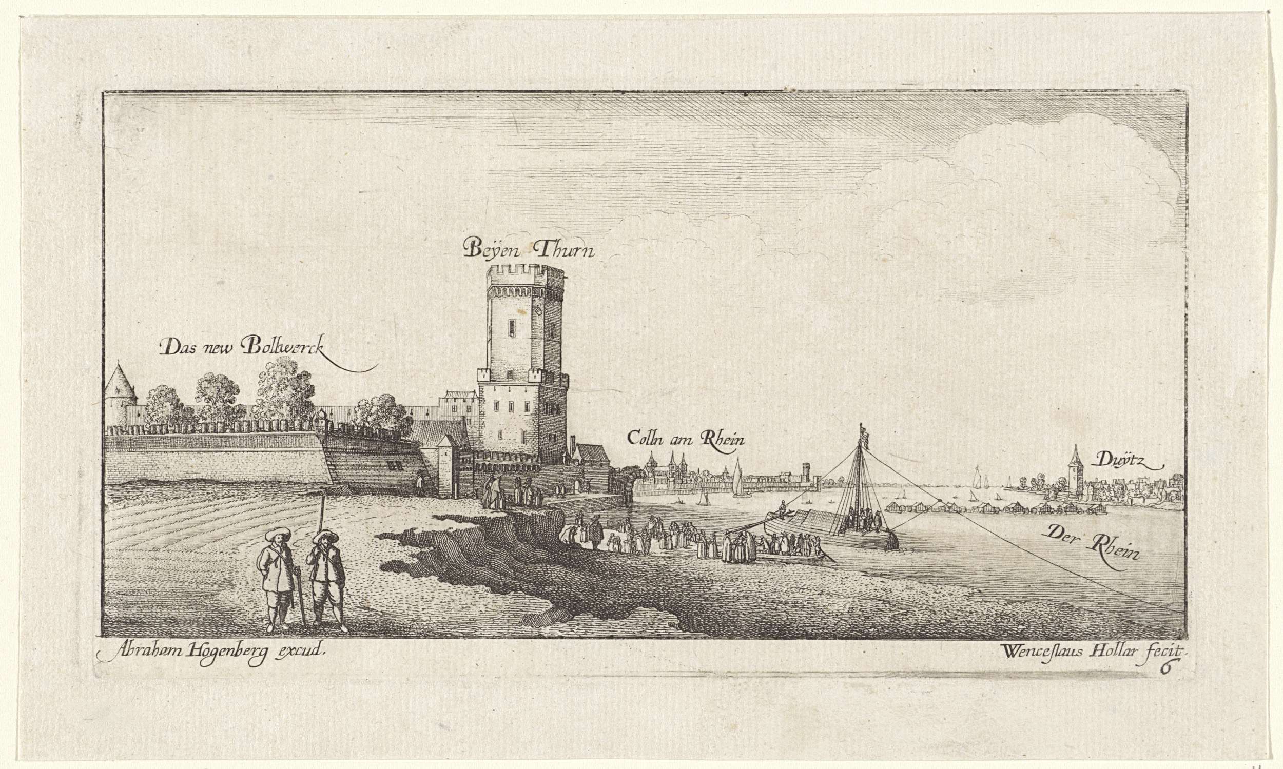 Etching by Wenceslaus Hollar depicting a fortress on the Rhine river with hills and sky.