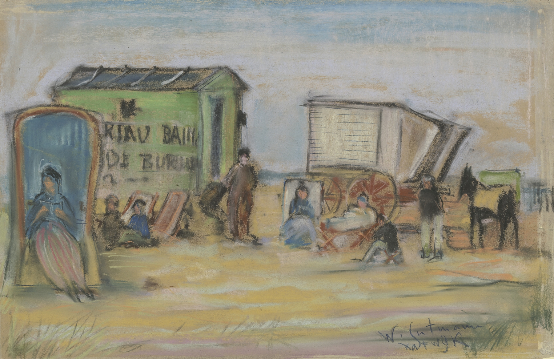 Bathing machine in Katwijk by Wilhelm Gutmann, oil on canvas, depicting a wooden structure by the sea.