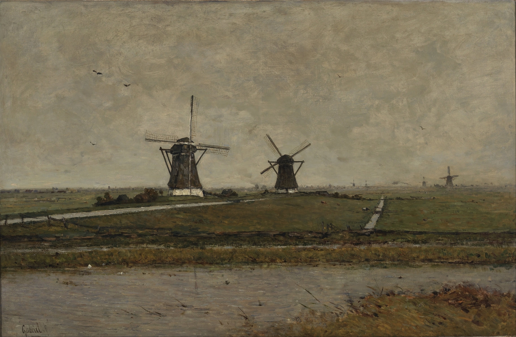 Polder with Mills near Overschie, oil on canvas by Paul Joseph Constantin Gabriël depicting windmills and a tranquil landscape