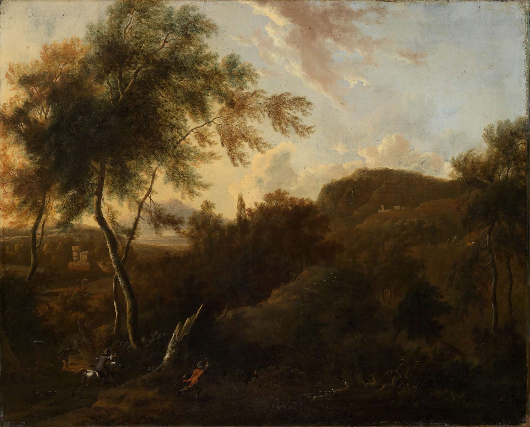 Südliche Landschaft mit einem Jäger auf Hirschjagd, by Frederik de Moucheron, public domain