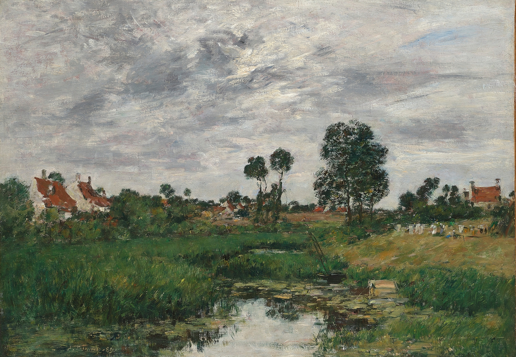 La Maison du fermier, oil on canvas by Eugène Boudin, featuring a farmhouse in a serene landscape.