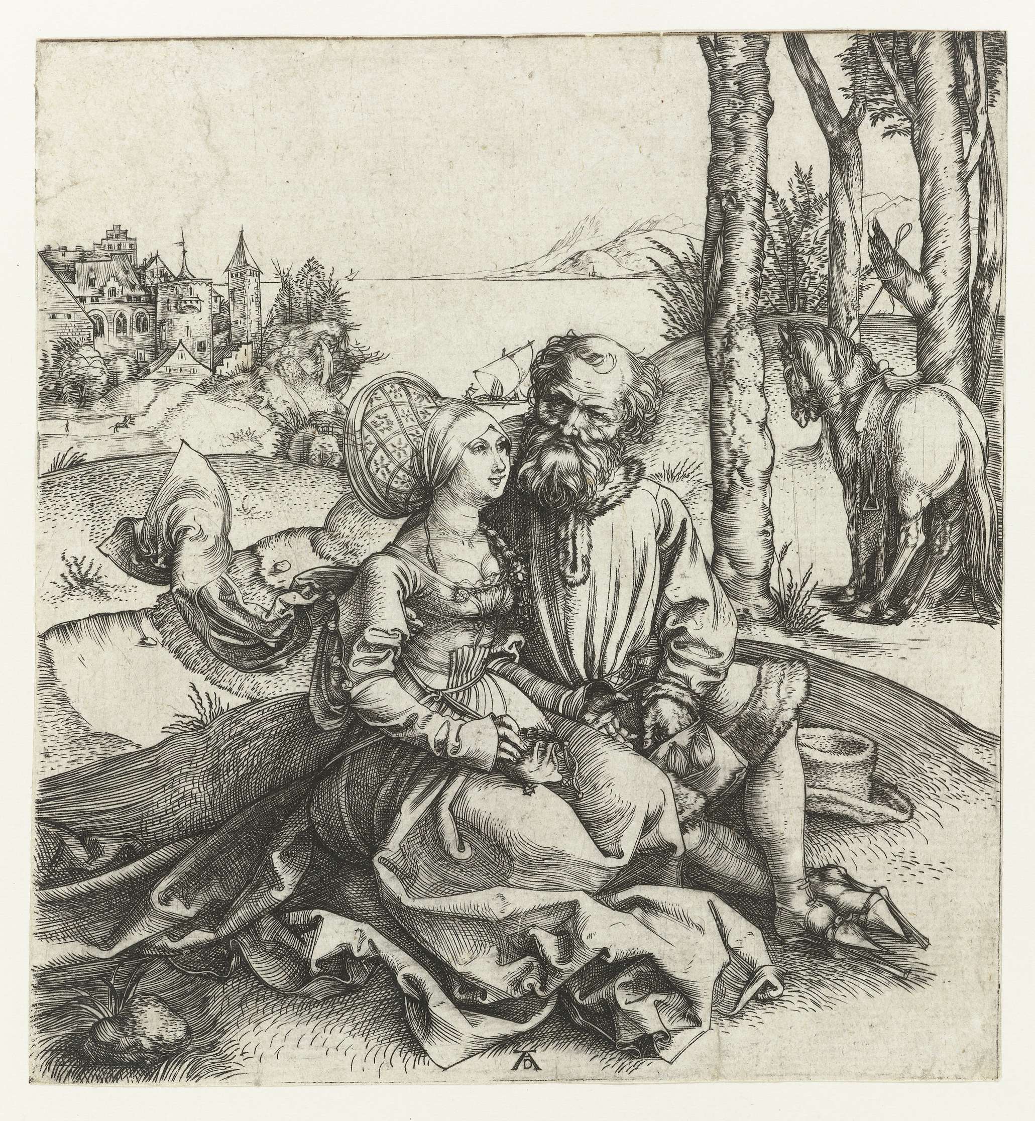 Engraving by Albrecht Dürer depicting an old man and a young woman in a tender moment.