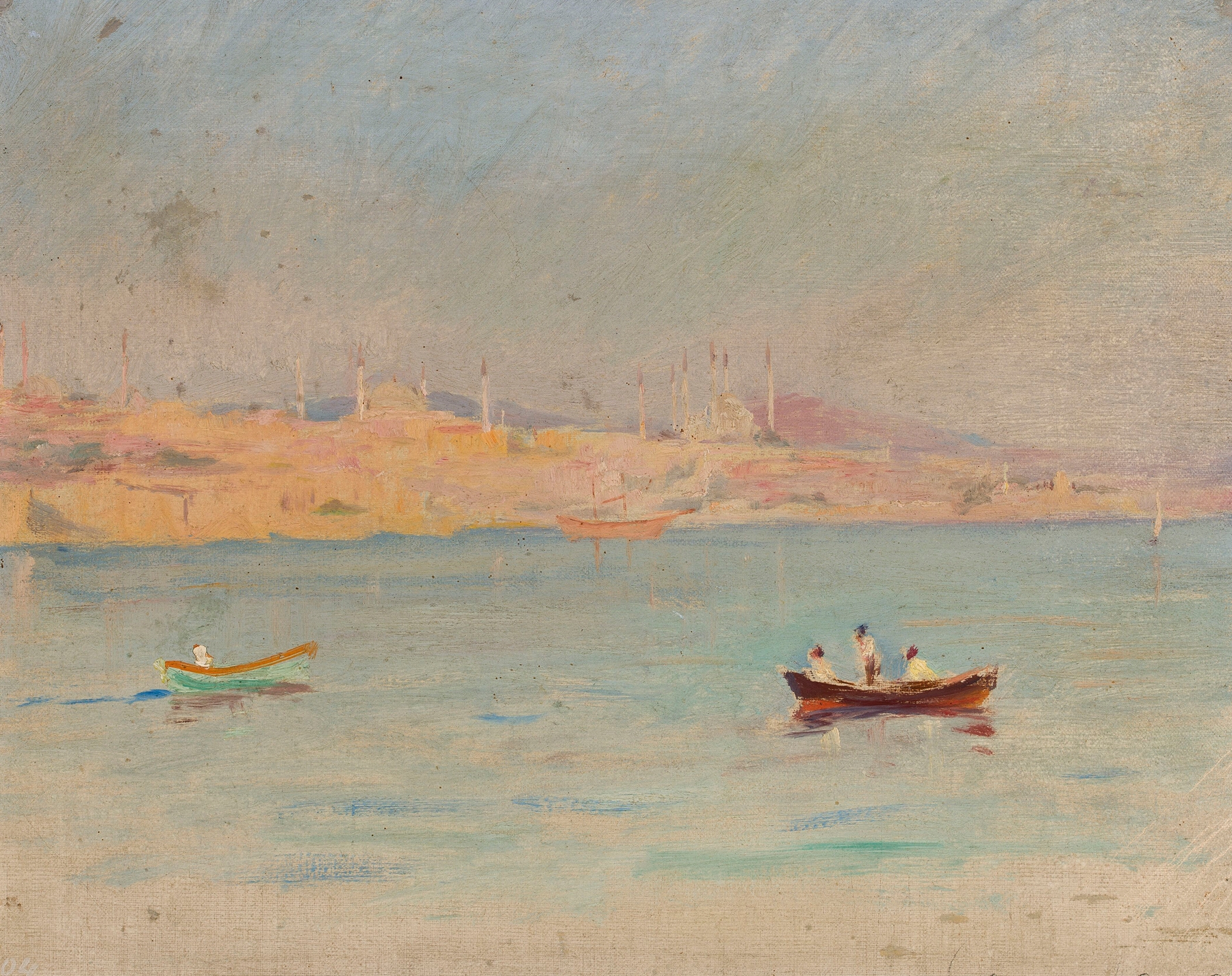 Marine landscape by Jan Ciągliński, 1893, depicting calm waters and distant shores, oil painting.