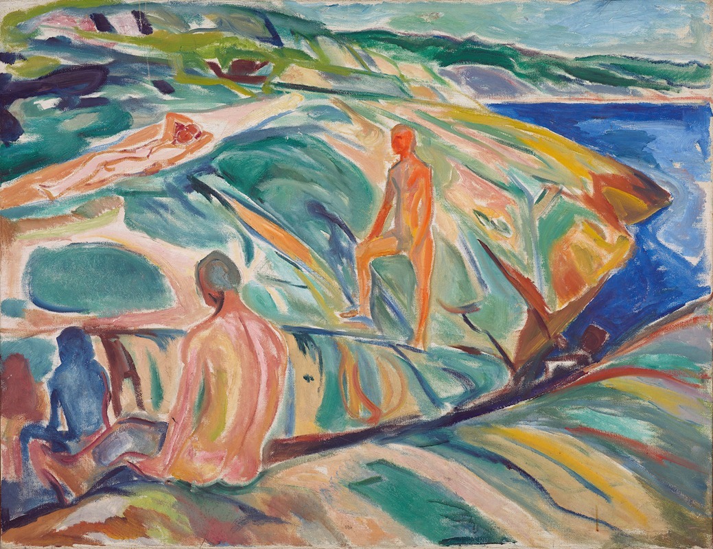 A group of men bathing on rocks near the water, surrounded by nature.