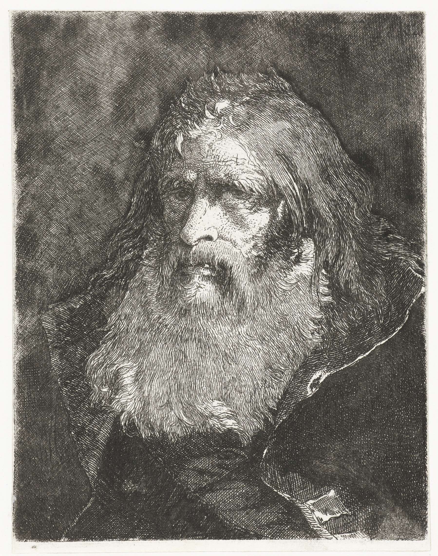 Man met lange haren en zonder hoofddeksel, by Giovanni Domenico Tiepolo, public domain