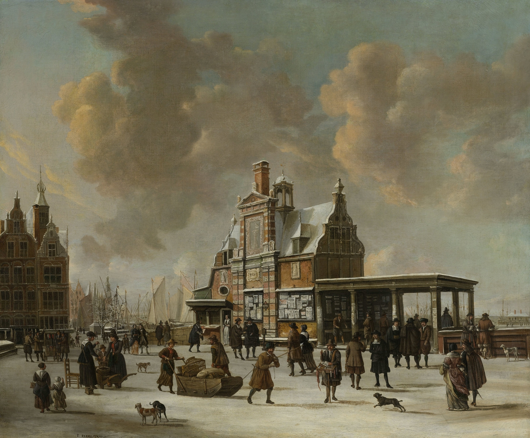 The Paalhuis and the Nieuwe Brug in winter, oil painting by Jan Abrahamsz Beerstraaten