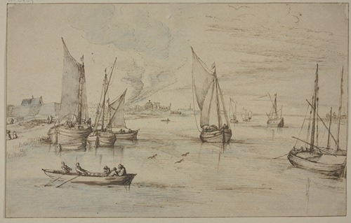 A serene marine scene depicting various ships and a village.