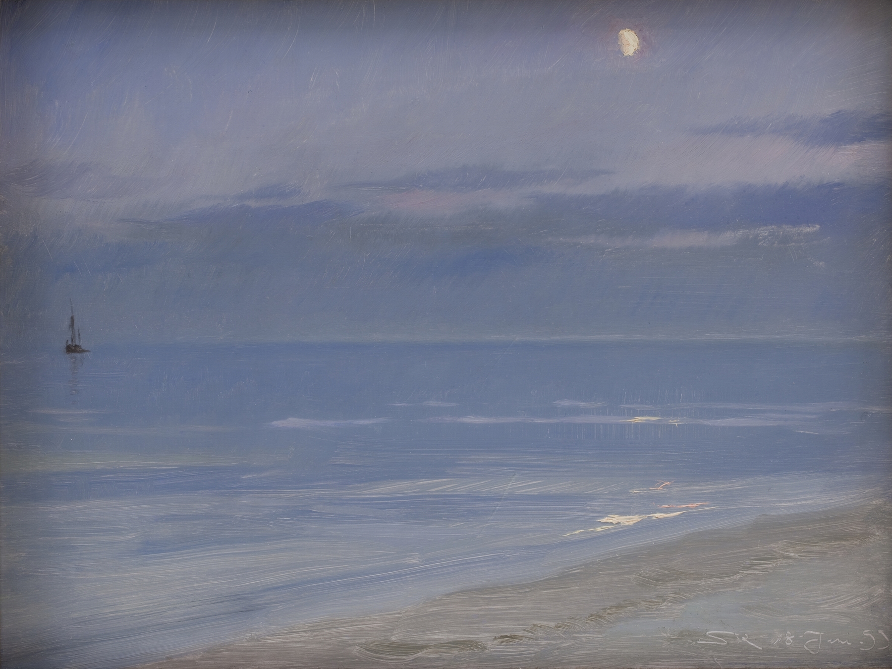 Skagen Beach in Moonlight, oil painting by Peder Severin Krøyer, depicting a moonlit beach with gentle waves.