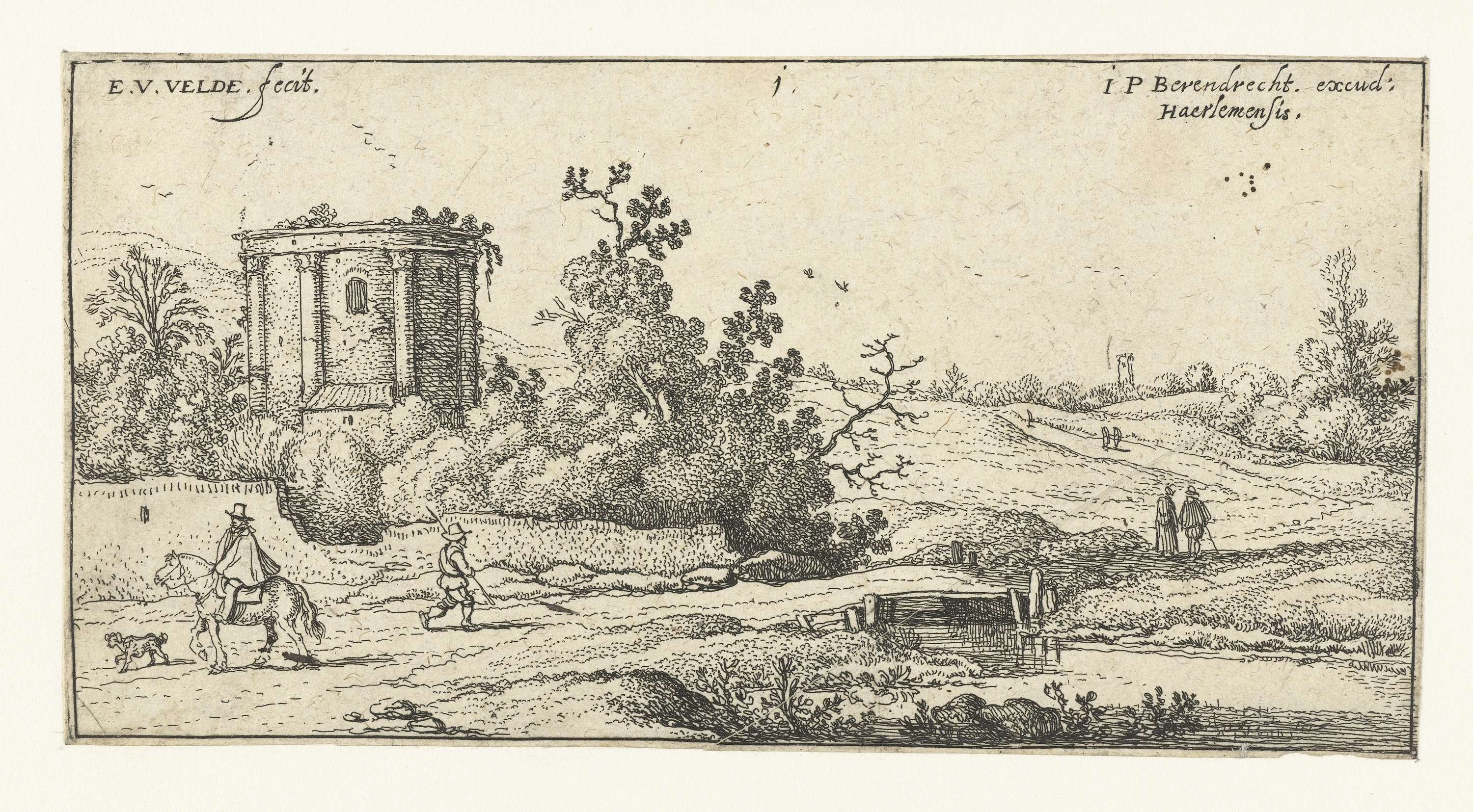 Landschap met ruïne van een romeinse tempel, etching by Esaias van de Velde