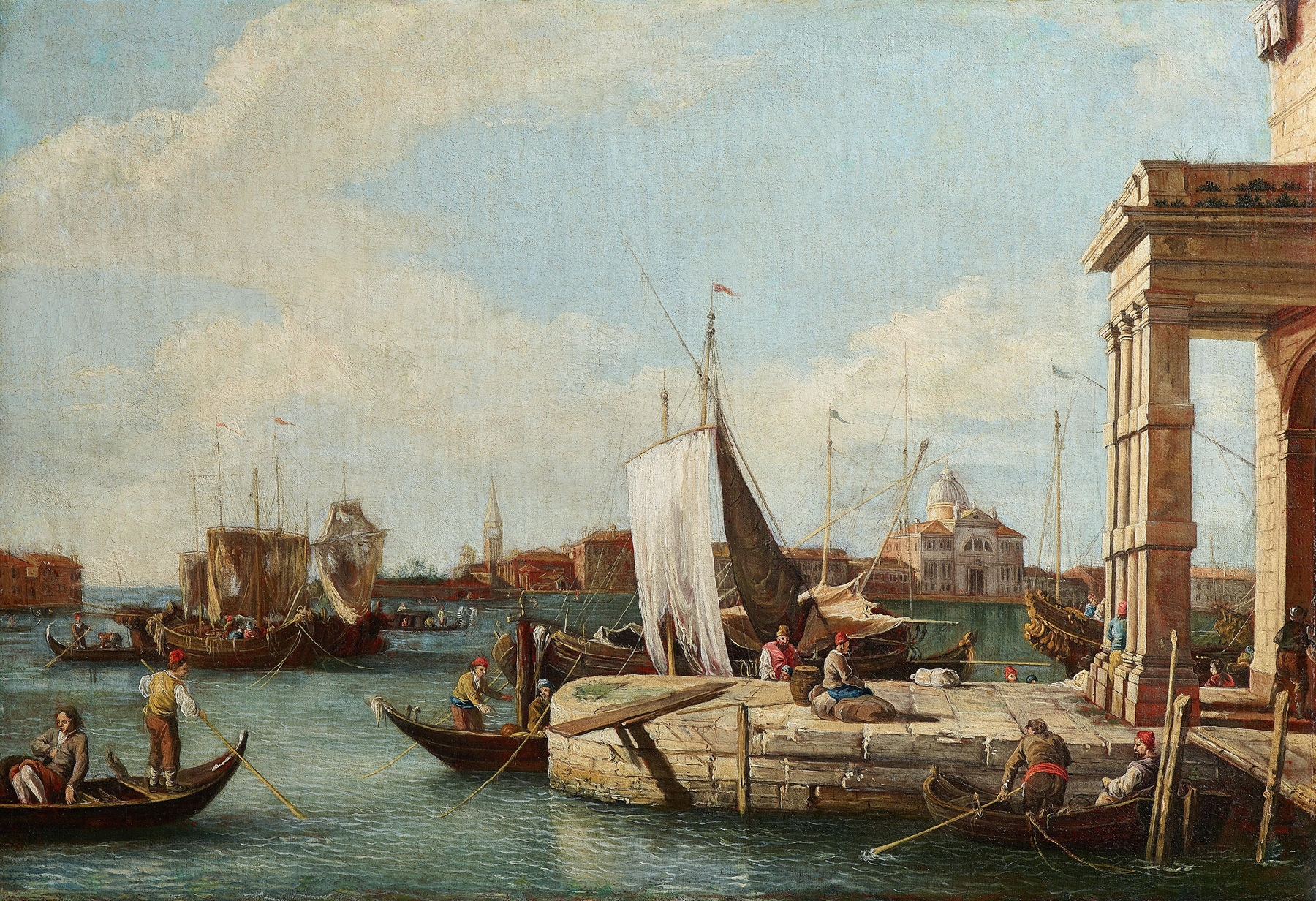 Punta della Dogana, oil on canvas by Giovanni Battista Cimaroli, depicting a vibrant harbor scene.
