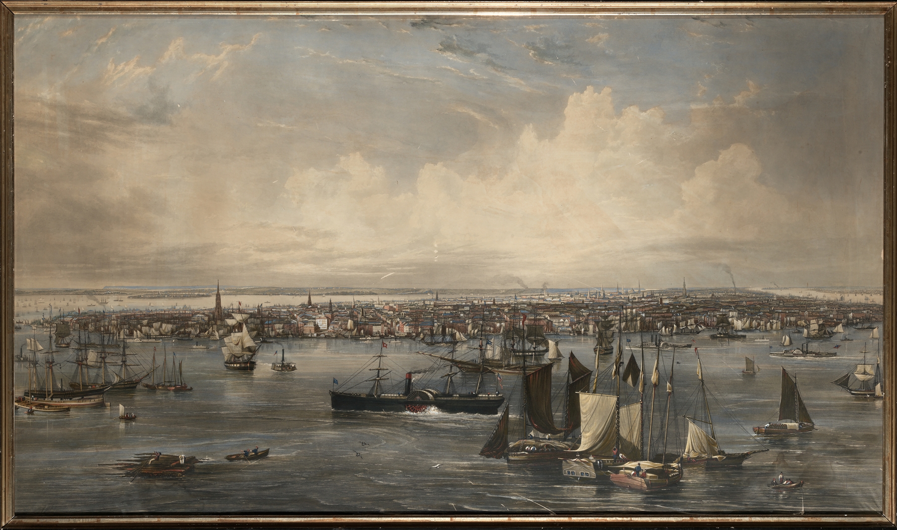 New York by John William Hill, watercolor on paper, depicting a city skyline at sunset