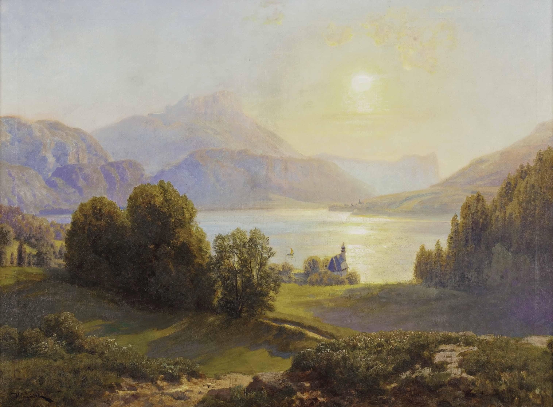 Blick über einen Alpensee by Anton Hlavacek, oil painting depicting a serene lake and mountains.