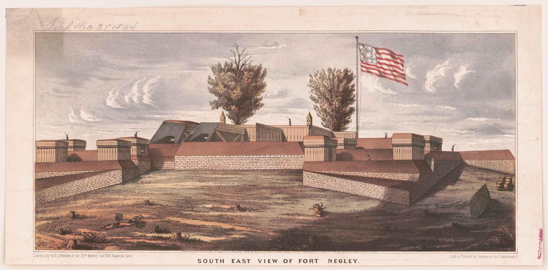 South East View of Fort Negley lithograph by Gibson & Co. Lith showing ruins and grass.