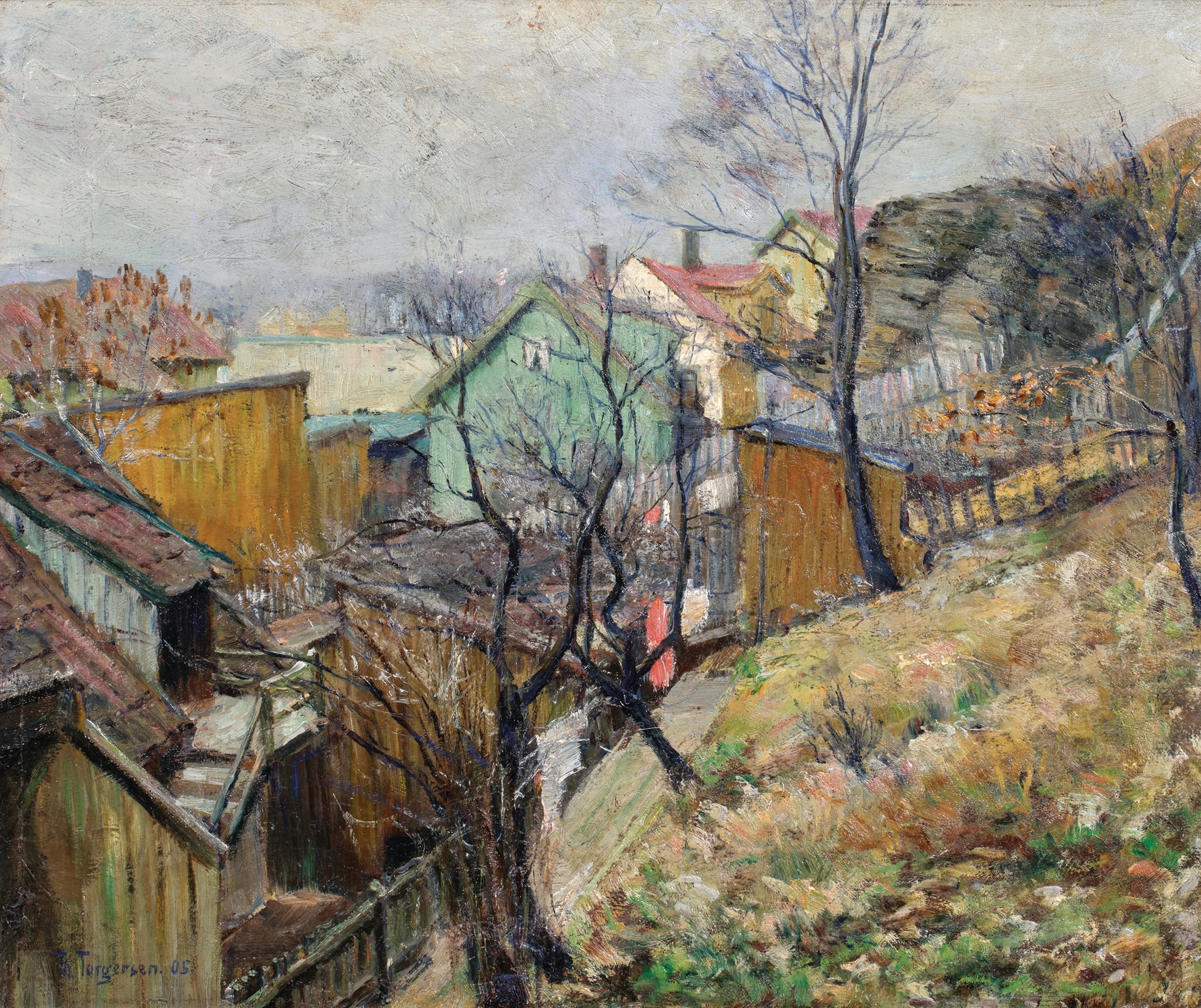 A View of a Village by Thorvald Hagbart Torgersen, impressionism, landscape with cottages and hills