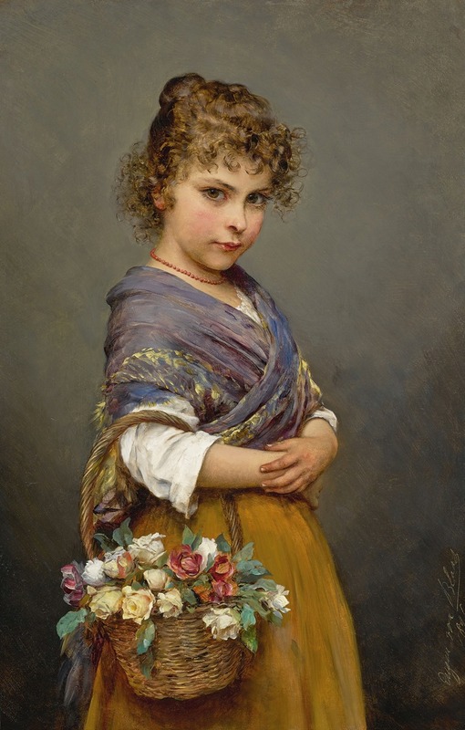 A young girl holding a basket of flowers in a serene setting.