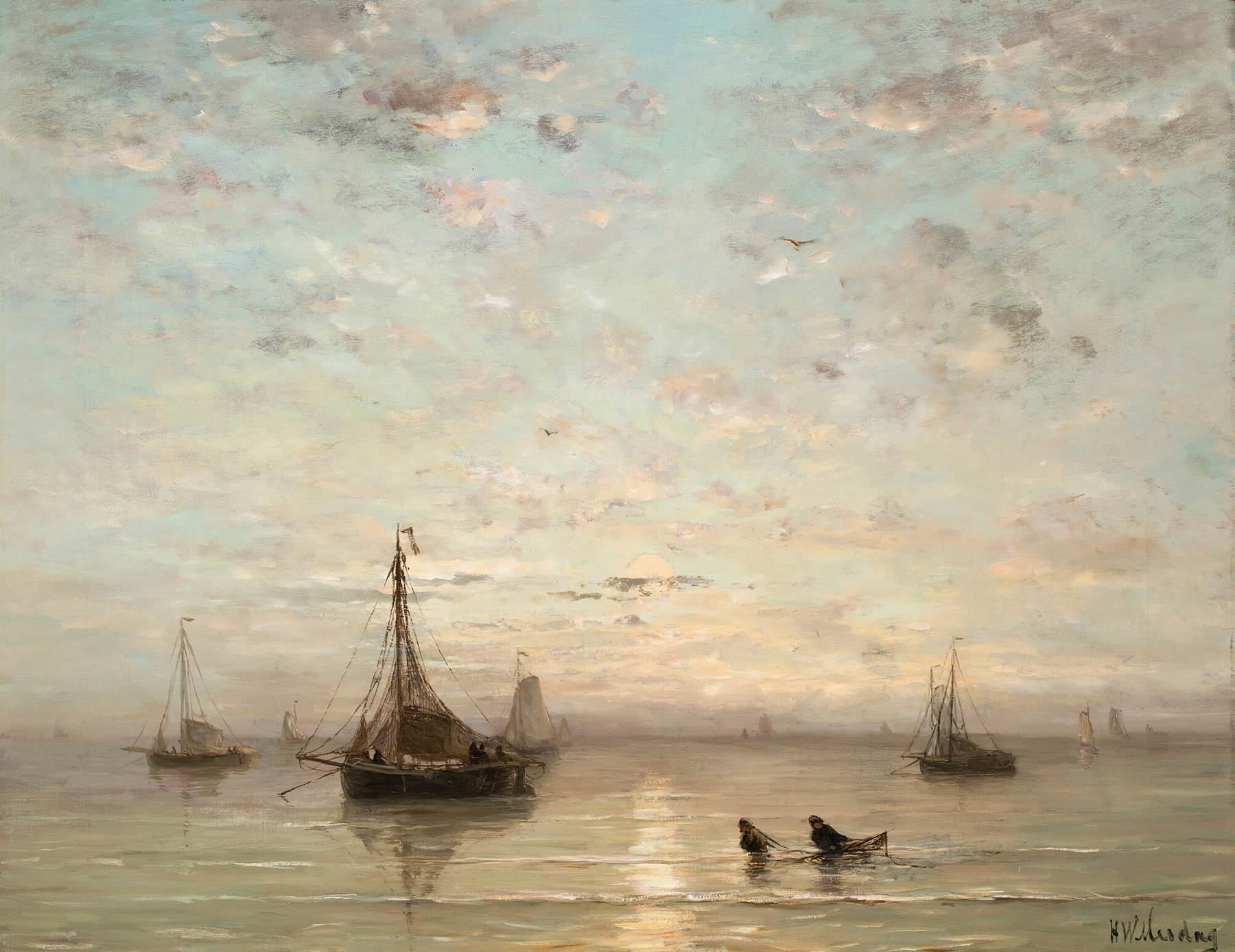 Fishing Boats At Sunset, by Hendrik Willem Mesdag, public domain