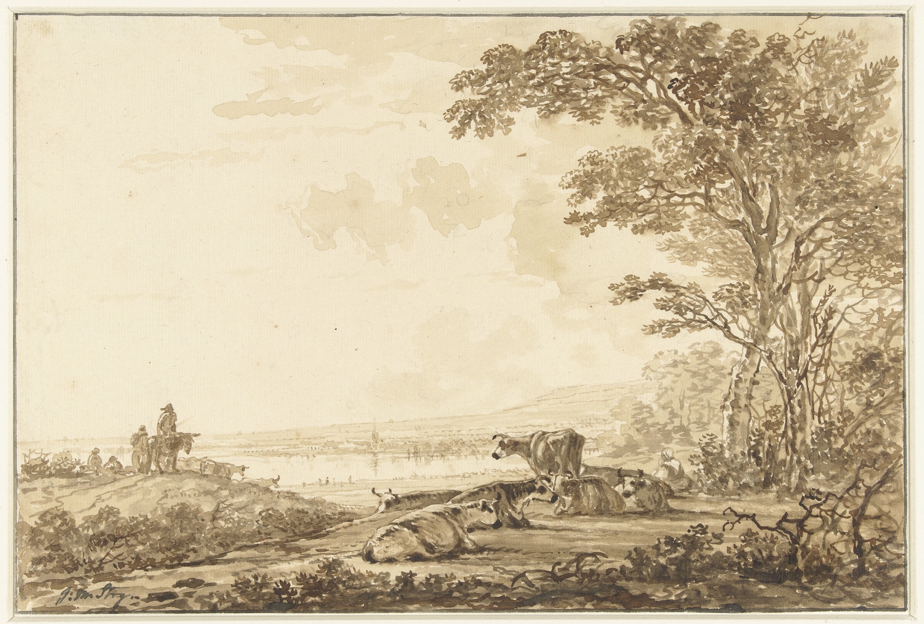 Rivierlandschap met rustend vee by Jacob van Strij, oil painting depicting cattle resting by a river