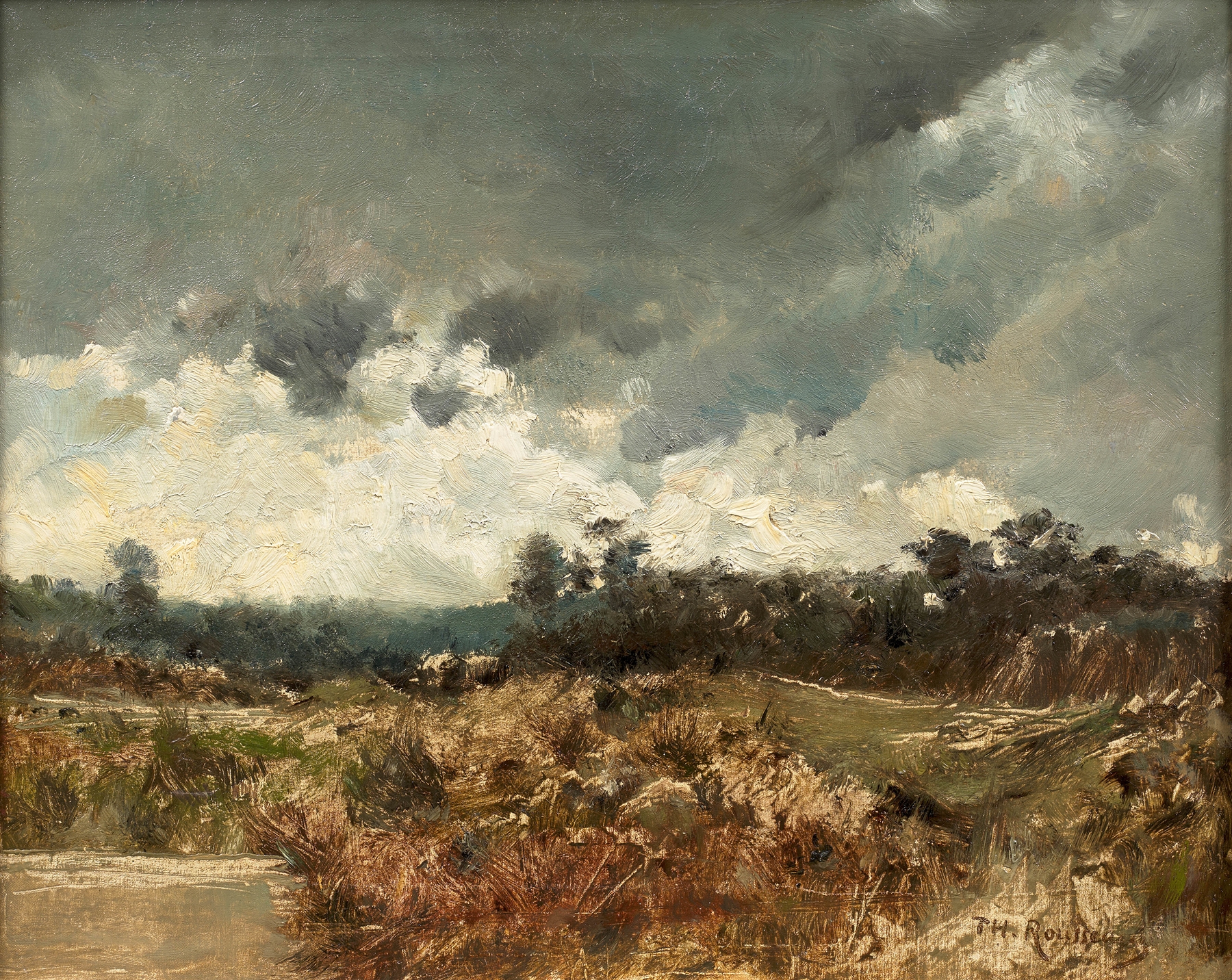 Landscape under a stormy sky, oil on canvas by Théodore Rousseau