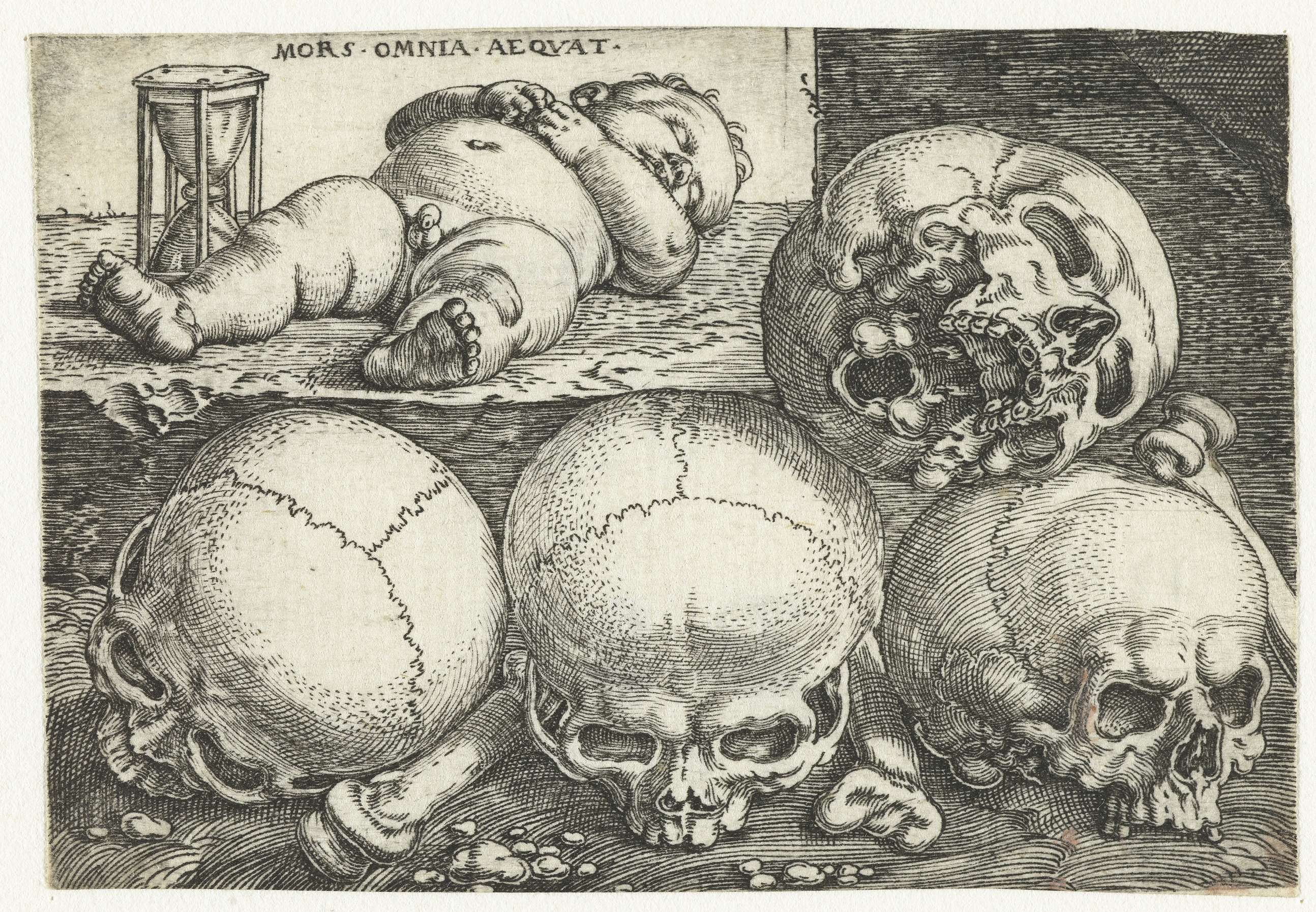 Slapend kind met zandloper en vier schedels, by Barthel Beham, public domain