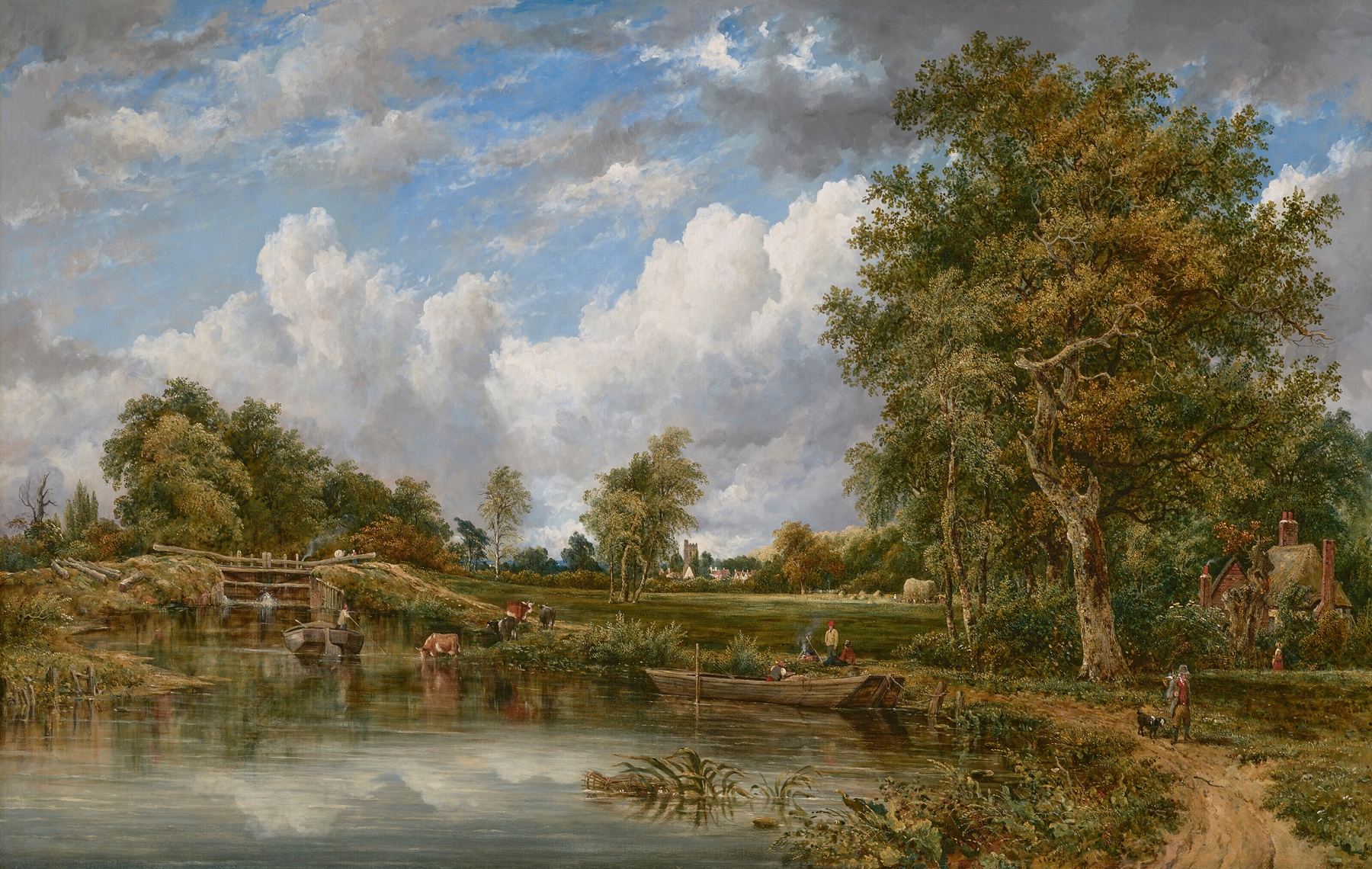 Dedham Lock on the River Stour, oil on canvas by Frederick Waters Watts, depicting a tranquil river landscape.