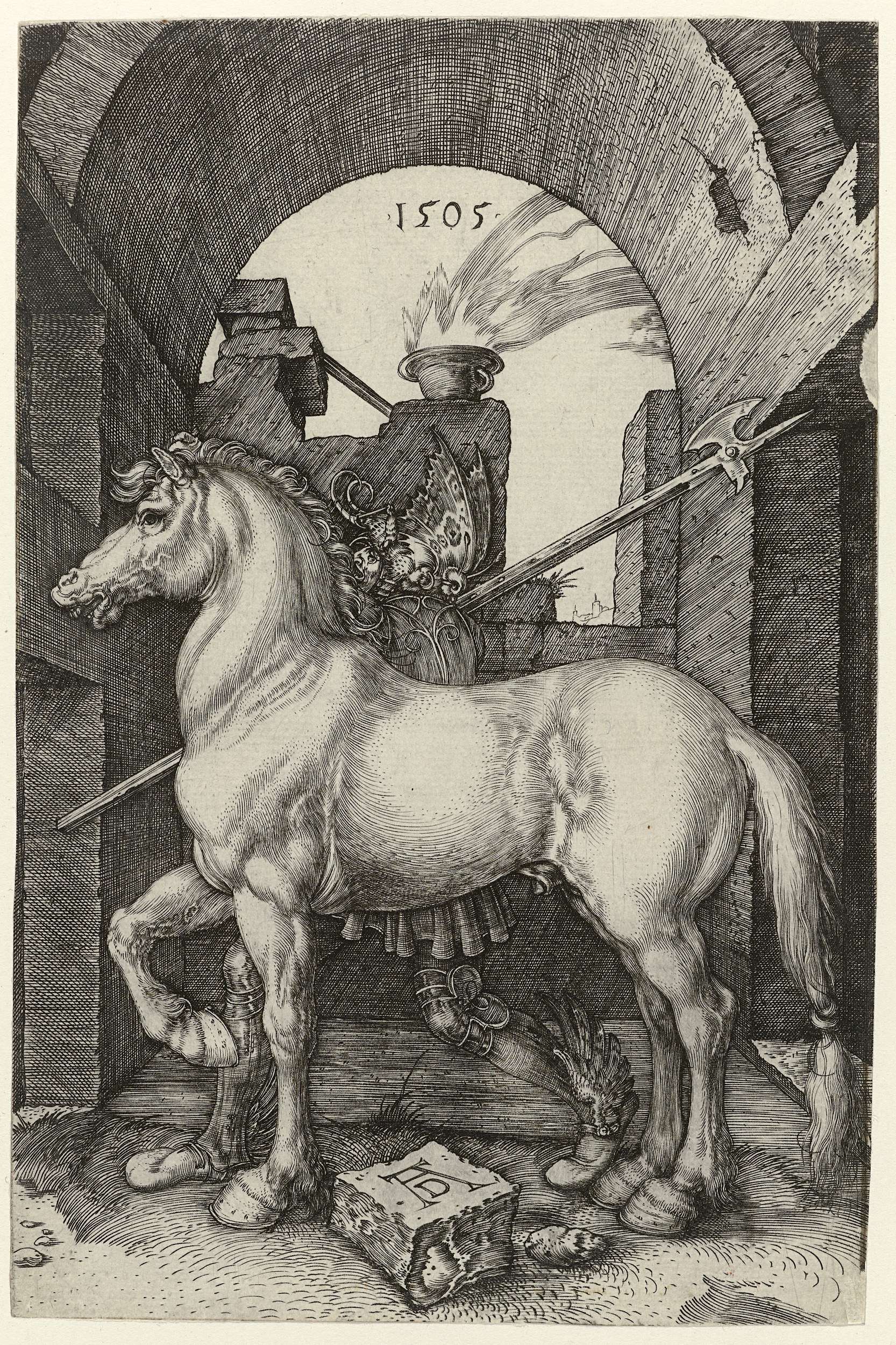 Engraving by Albrecht Dürer depicting a horse in a poised stance and dynamic movement.