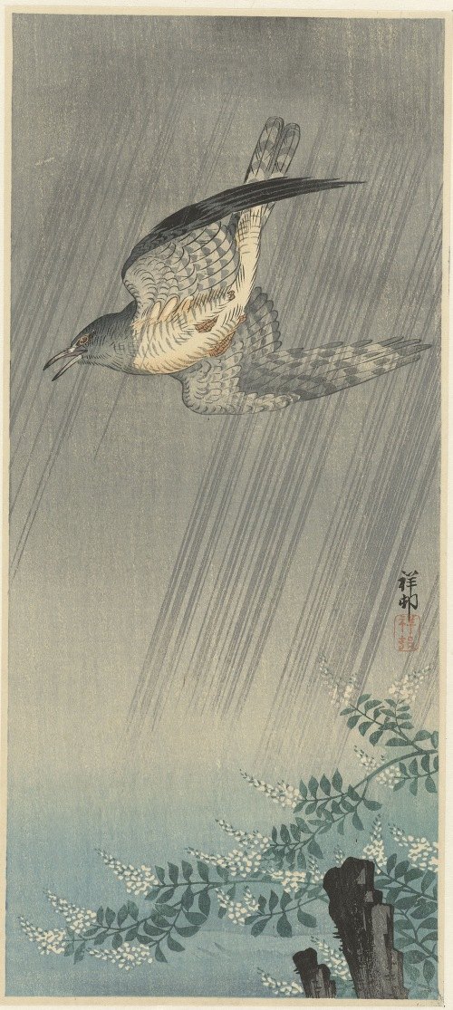 A striking woodblock print featuring a cuckoo amidst a stormy landscape.