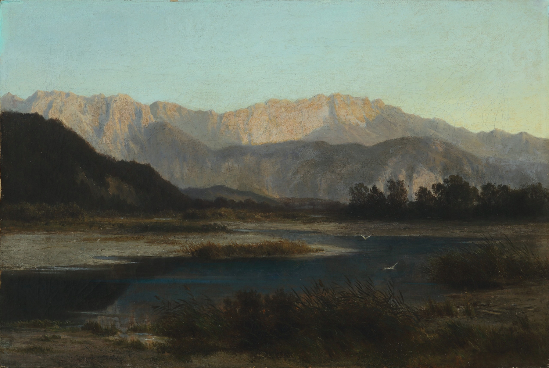 Oil on canvas by Carl Bolze depicting a tranquil river and distant mountains.