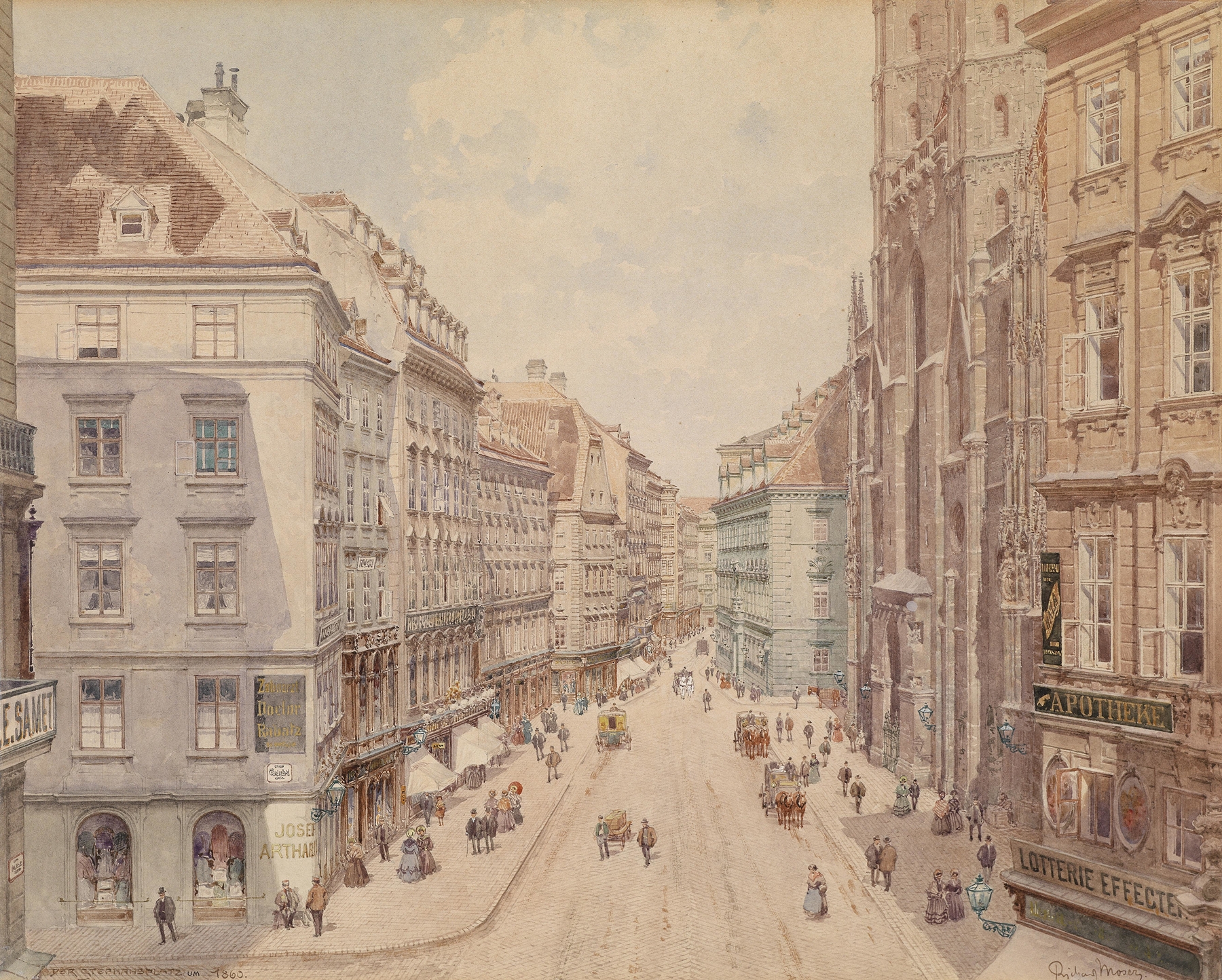oil painting of Wien Der Stephansplatz by Richard Moser, featuring St. Stephen's Cathedral and a bustling crowd