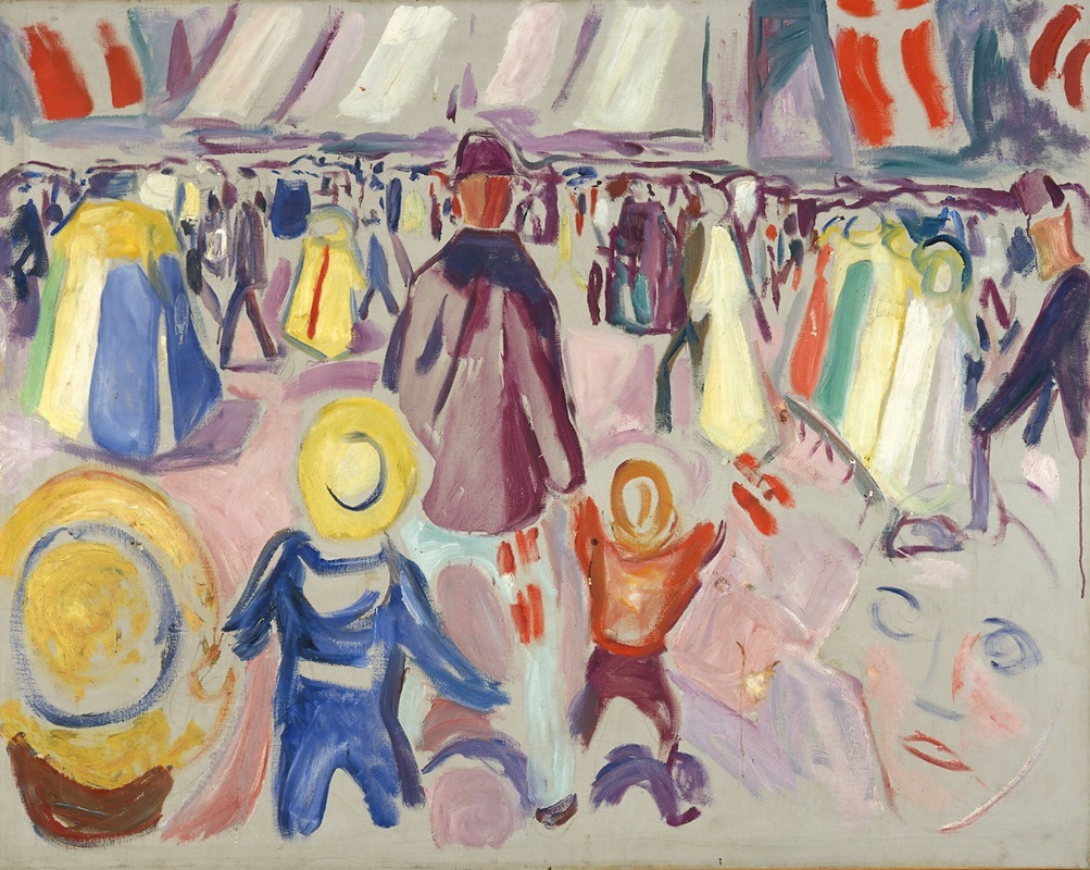 A lively scene depicting a celebration in a small Norwegian town with people in traditional clothing.