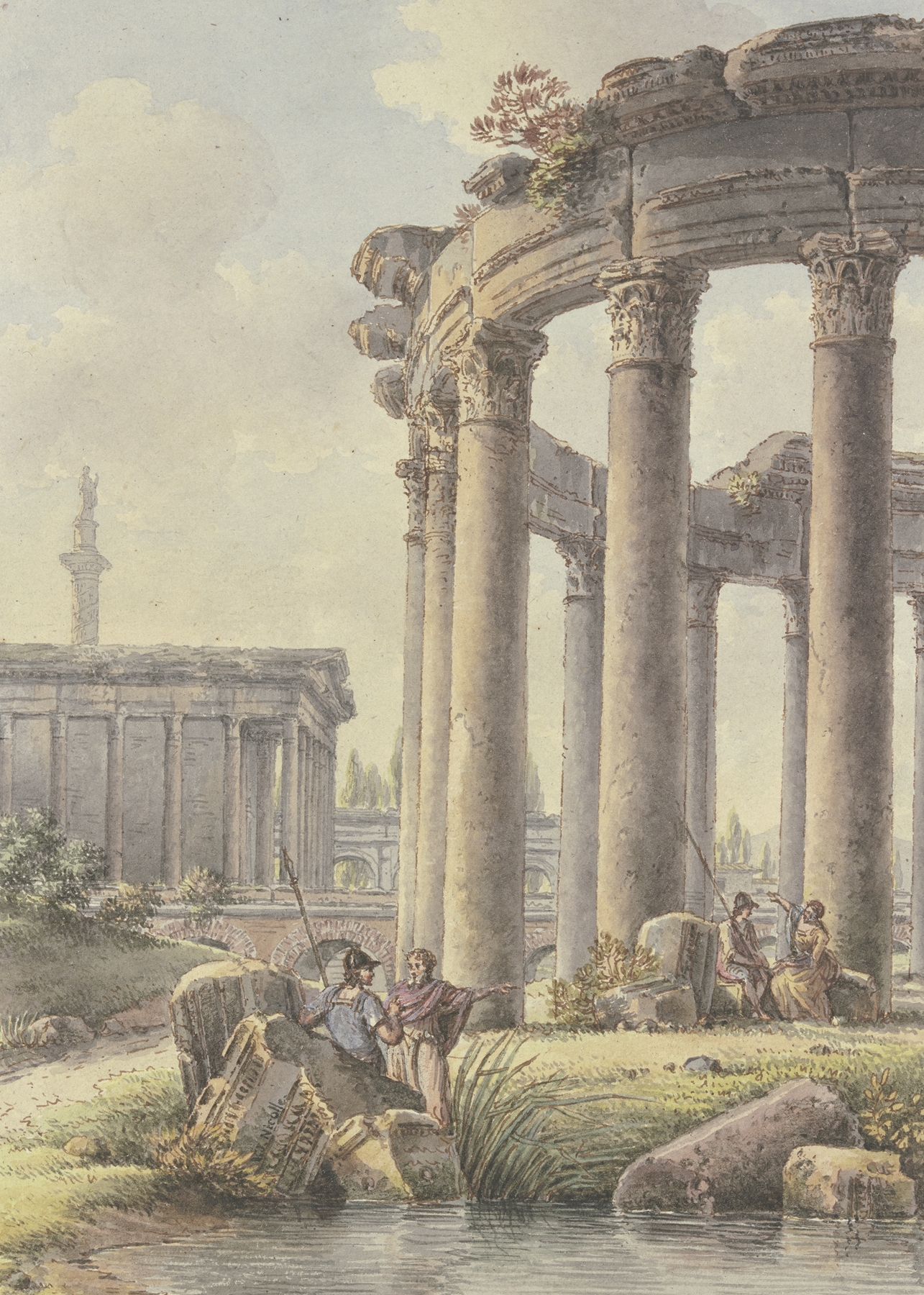 Architektonisches Capriccio, ink on paper by Victor-Jean Nicolle, depicting ruins and Trajan's Column.